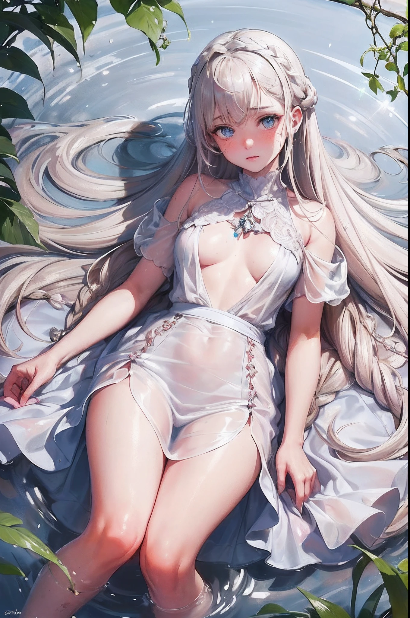 A high resolution},{An extremely delicate and beautiful},1 girl(((Detailed eyes))),((Detailed hands)),(((Blush))),(( face)),extremelydetailedwallpaper,(Best quality),(Original),((There is a little pattern on the face)),Close_Up,((Western girl)), White hair, ((((The clothes are little)))),((((Intimate clothing is prohibited)))),((Thin lips)),((Symmetrical horn)),((Open the legs)),(((Open the thighs))),(((Expose your legs))),Two finely twisted braids,in a swamp,(An atmosphere of sadness),(young girl),(((Big background))),good finger,((Background to rich content)),(((lumnious))),(((Large top-down view))),(short- sleeved),((Translucent clothes)),((tit)),(((Sexy dress))),((Small crystal pendant on the head)),(Try not to wear clothes),((((The skin is slightly scaly)))),((((low view)))),((Raised )),((lower abdom)),((((Tattoos with tear marks on the face)))),(((Lift your skirt with both hands))),(((Lift the hem of her dress))),(Shiny skin),Wet,(((Translucent clothes))),(emulsion),Shiny,(flat breast),((Small breast)),Narrowing of the skin,(Fluorescence),(Small silver jewelry),((Thin face)),((((Look down at the lens from above)))),(The lens zooms out),(2 braided hair),((Rainy days)),White dominant color,(Light brown main tone),((forest)),(Spread your hands),(((nice hand))),marshes,Illustration composition,Shadow negative_hand