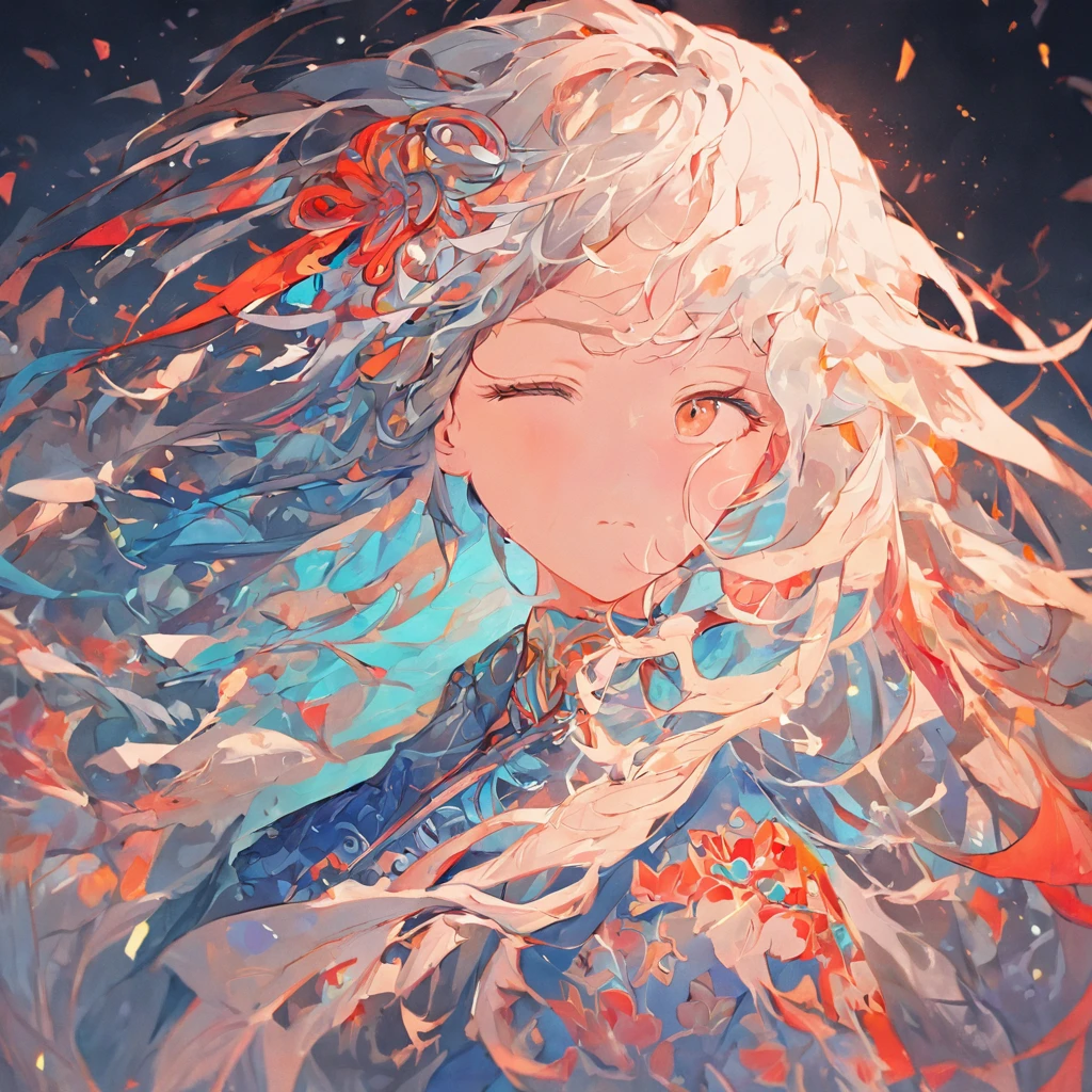 (White background:1.4),(Silhouette of a girl's head, Eyes closed, colorfull long hair, Oriental elements)，(Chinese illustration:1.3，paper art:1.3, Quilted paper art:1.2),( reasonable design, Clear lines, High sharpness,Best quality, Very detailed, Masterpiece, movie light effect, 4K )