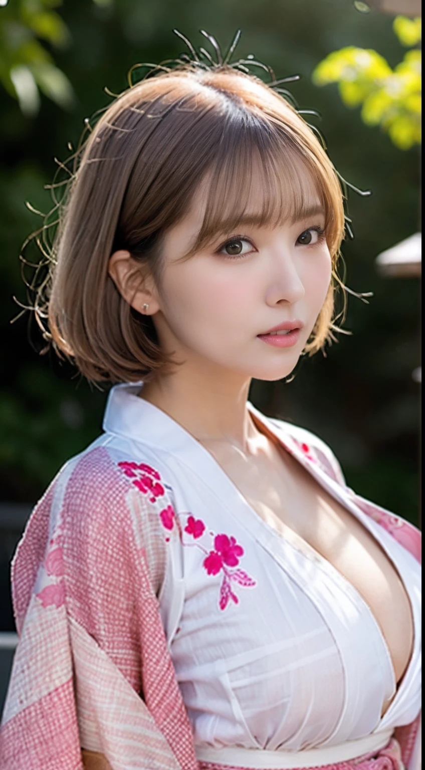 (Best quality, 8K, 32K, masutepiece, NFFSW:1.3),Photos of charming Japanese women, 1girl in, (Large breasts:1.2), (Transparent shirt:1.1),  Abs, Perfect body, Ultra-detailed face, Detailed lips, Detailed eyes, 二重まぶた, ((Best quality, 8K, masutepiece :1.3)), Sharp focus :1.2, Pretty Women with Perfect Figure :1.4, Slender abs :1.2, ((Light blonde hair, huge-breasted :1.4)), (Wear a white button-down shirt, jane :1.1), the city street:1.2, Highly detailed face and skin texture, Detailed eyes, 二重まぶた,a close up of a woman in a kimono dress posing for a picture, Japan goddess, model in Japan, oppai, Wearing a pink kimono, Asian girl, A Japanese lady, traditional japanese, Beautiful Asian girl, , euro, 独奏， realisticlying， best qualtiy， Small face，Small face，Qi bangs，Look at the lens at a 45-degree angle from the side of the face, Long hair