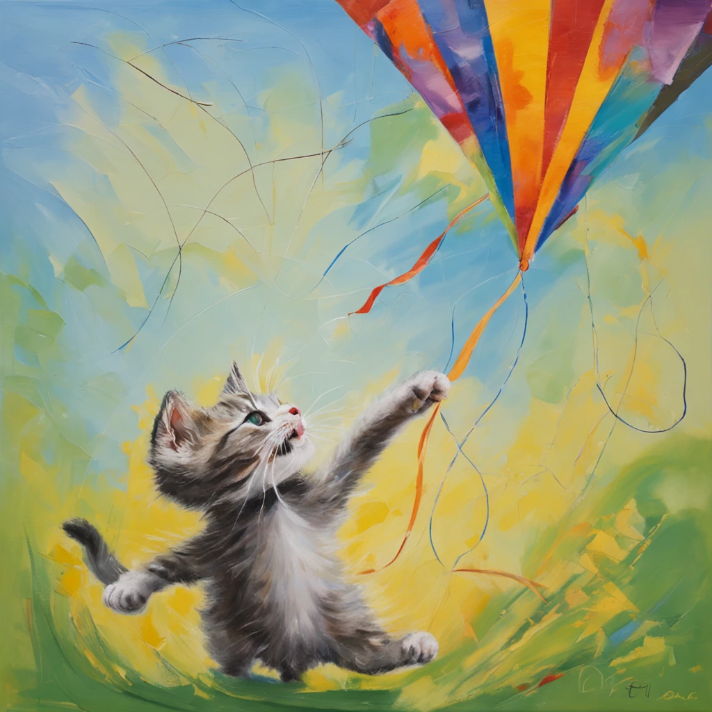 Kitty cat flying kite running on blue sky background