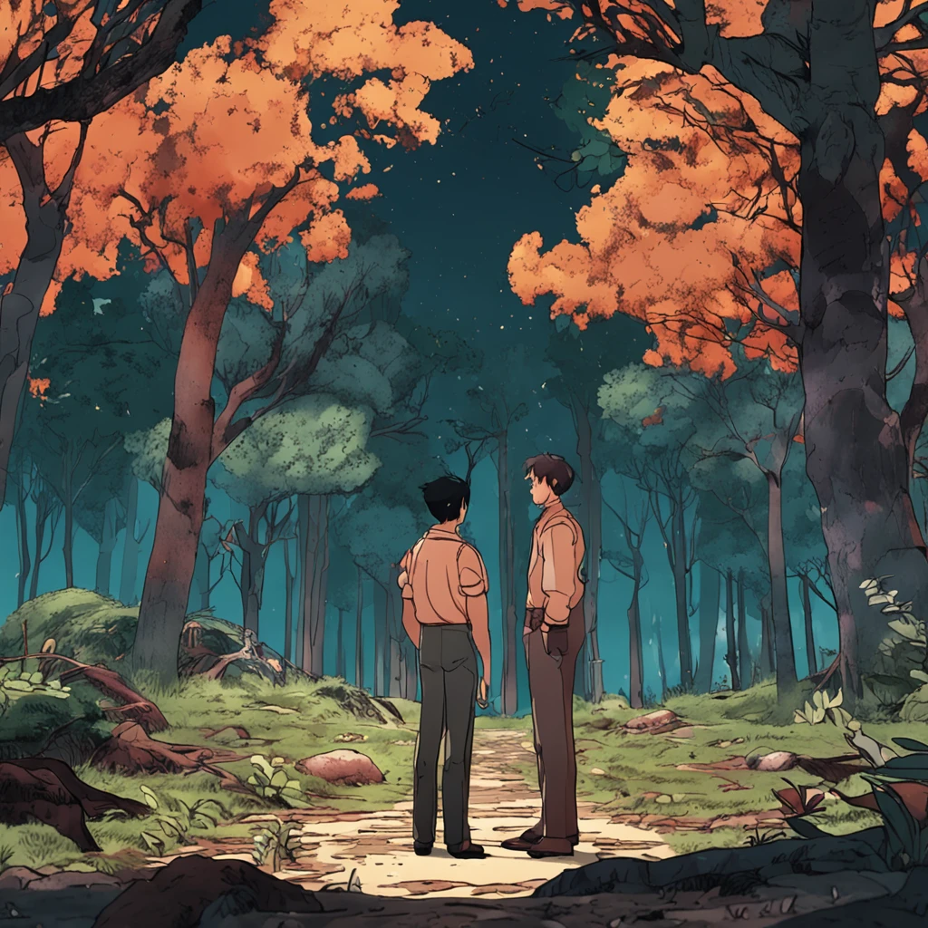 Anime scene of two men standing in front of the forest