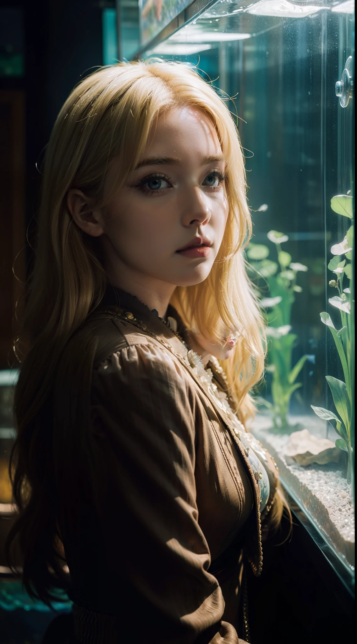 a portrait of a blonde woman in aquarium, in the style of still from a retrofuturistic film, Lofi steampunk, stylized, cinematic focus, realistic, highly detailed, masterpiece, by albert robida