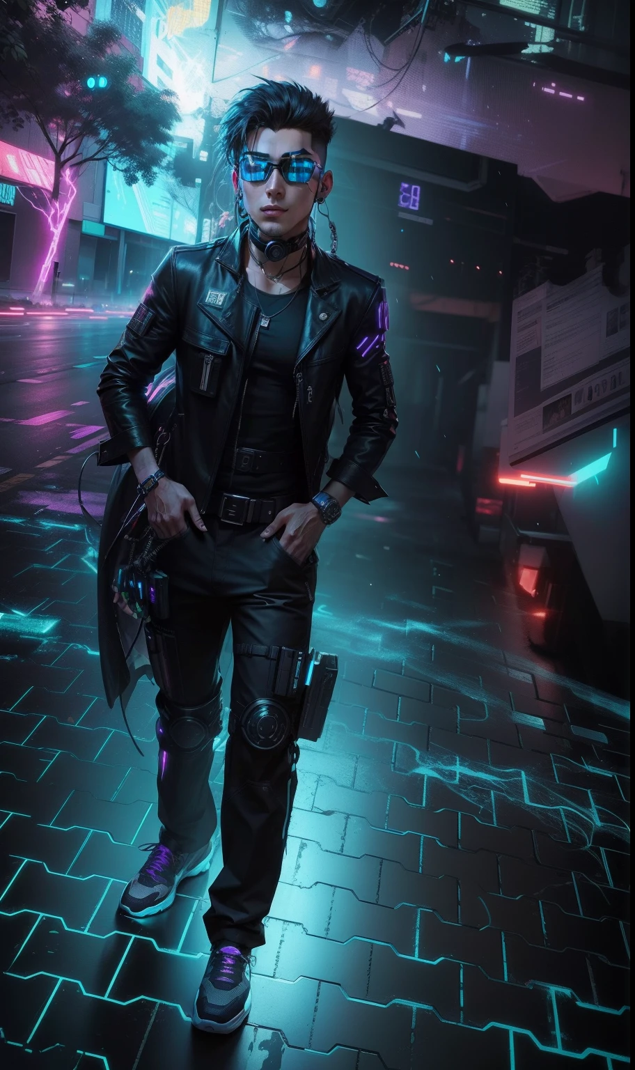 Change background cyberpunk handsome boy, realistic face, 8k, ultra realistic, neon,