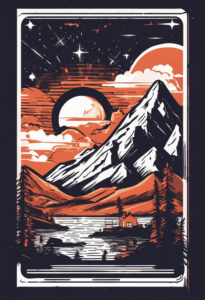 print ready vector t-shirt design, adventure scene with explorer, with beautiful nocturnal sun and mountain in the background, clean white background, professional vector, full shot, 8K resolution, deep impression illustration