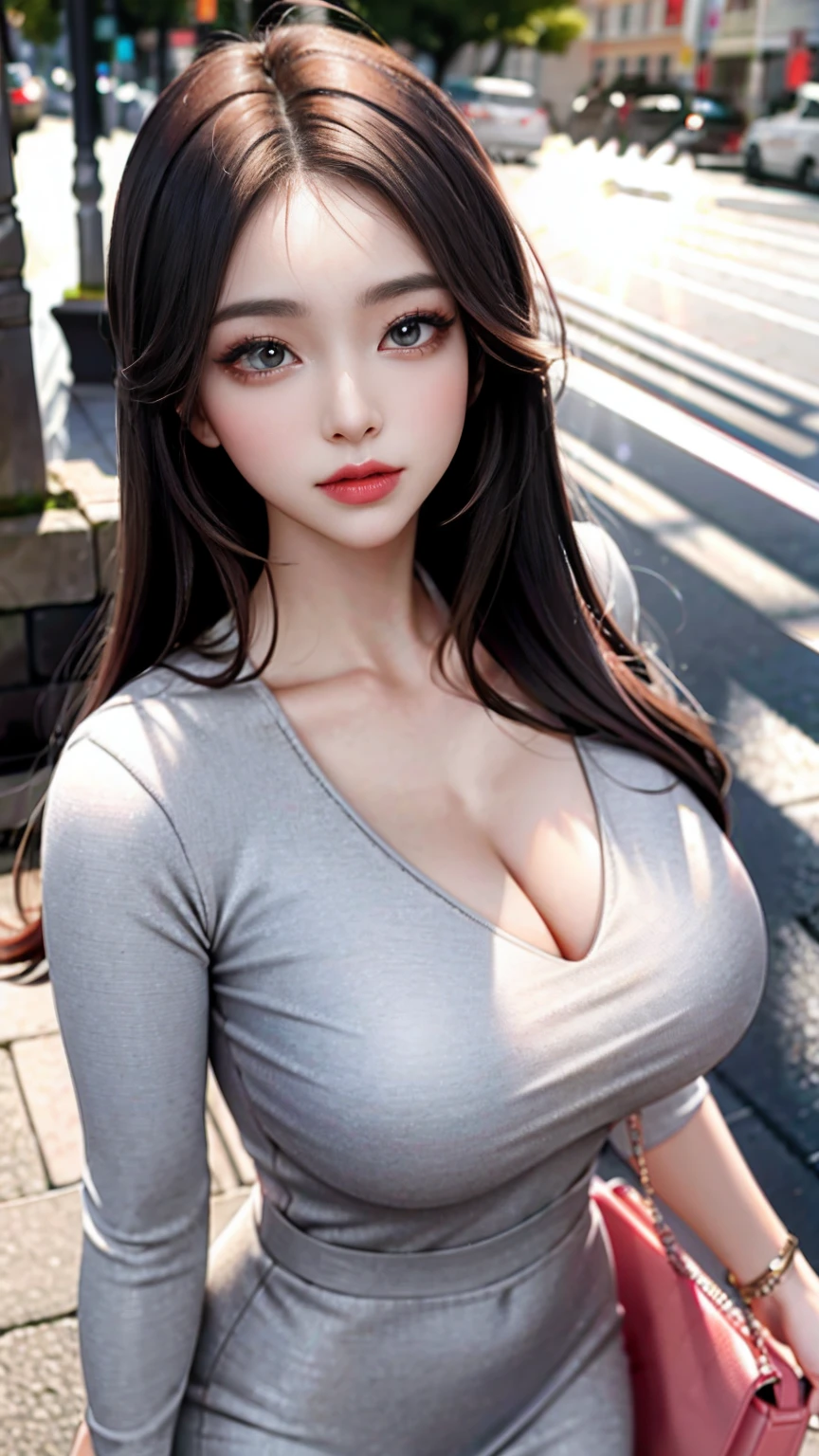 RAW, 1girl, solo, colorful, (masterpiece, best quality:1.3), (absurdres:1.3), walking, holding Luxury handbag,
(detailed skin:1.3, detailed face:1.3), from above, looking at viewer,
sharp focus, delicate, (korean beauty, korean mixed:1.3), (mature female:1.2),
(huge breasts:1.4, thick thighs:1.2, narrow :1.1), light smile,
(big_eyes:1.2, brown_eyes), red_eyeshadow, pink lips,
(straight hair), looking at viewer, (thin gray v-neck long midi dress:1.2),
park, english text, day, (sunlight on face:1.5), open_blazer,