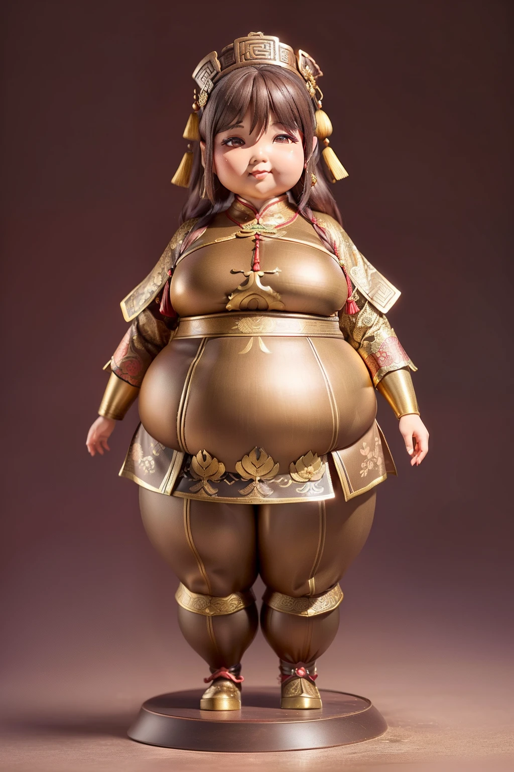 (((Chinese bronze worship anthropomorphism))),(((A lovely and kind middle-aged woman,Beautiful facial features,Obese,One hand crosses the waist)))。Bronze decoration(coarse cloth,The surface is covered with patterns,Cicada pattern,feater),A small dragon was on her shoulder,。.。.。.3D