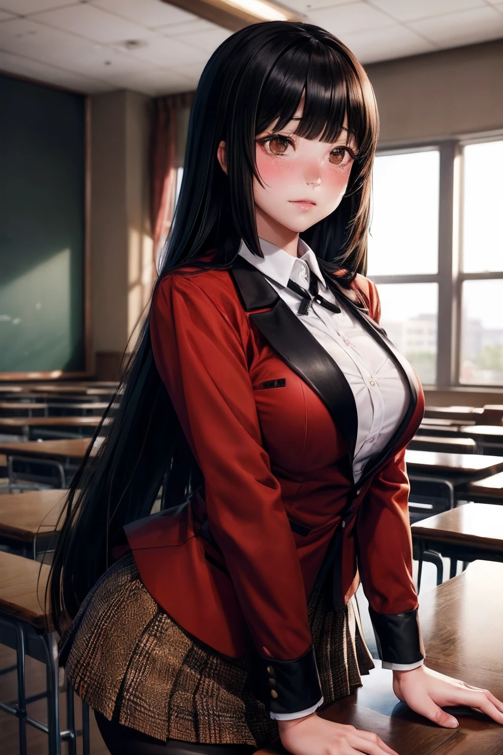 masterpiece, best quality, highres, hmjy1, long hair, blunt bangs, brown eyes, school uniform, red jacket, blazer, pantyhose, white shirt, black ribbon, pleated skirt, cowboy shot, classroom, blush, embarrassed, PERFECT HANDS, PERFECT FINGERS