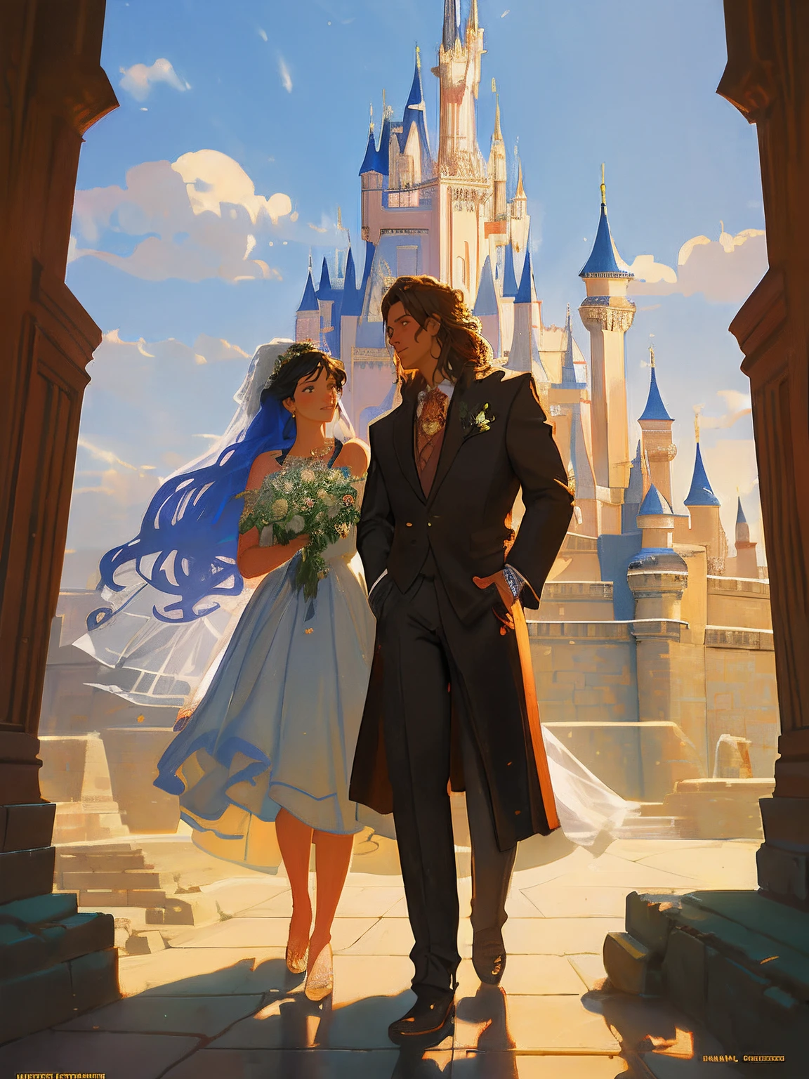 painting of a couple in a wedding dress standing in front of a castle, nice face, perfect body, disney concept art, style of tim hildebrandt, romance novel cover, greg hildebrandt highly detailed, by Tim Hildebrandt, rob rey, rob rey and kentarõ miura style, by Greg Hildebrandt, disney art, fairytale painting,