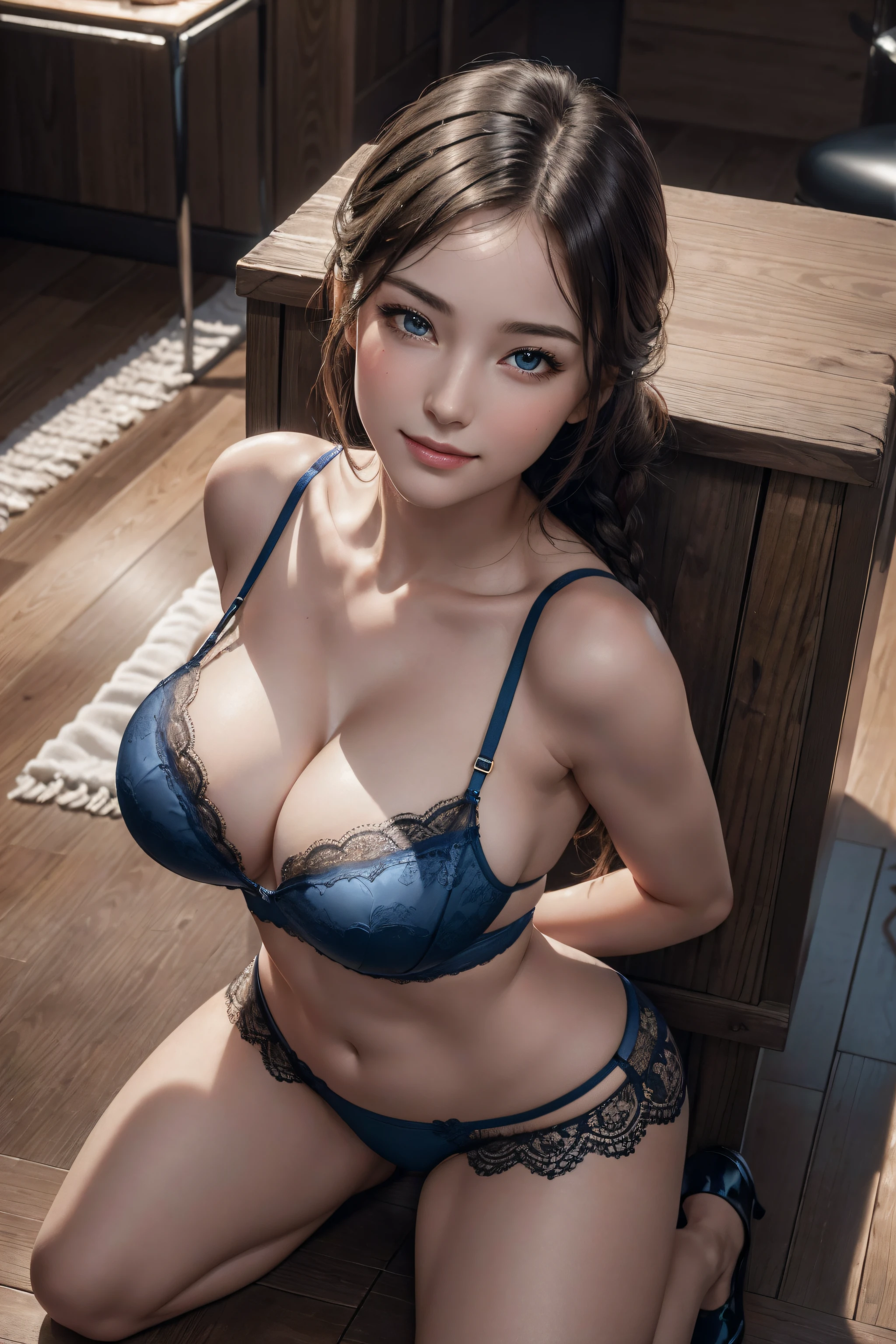 (1girl:1.3, solo), (((night situation:1.5))), (Masterpiece, best quality, photorealistic, highres, photography, :1.3), ultra-detailed, sharp focus, professional photo, commercial photo, (upper body:1.3, bust-up portrait), (kneeling at floor:1.3, seiza:1.3, leaning side:1.3, hands between legs:1.3, from above:1.2), (simple antique playroom background, brothel:1.3), 
BREAK, 
1 brunette girl, solo, vulgarity, hot attendant, hot model, highly detailed eyes and pupils, realistic skin, (attractive body, gigantic breast:1.25, thin waist:1.15), thin half-up hair, single braid hair, medium-length hair, extremely detailed hair, delicate sexy face, sensual gaze, shiny lips,
BREAK, 
shiny-blue luxury lace bra, shiny-blue luxury lace panty, 
BREAK, 
looking at viewer, cinematic lighting, in the dark, deep shadow, at night, natural shading, low key, intricate detail, detailed skin, pore, highres, hdr, 4k, realistic,
BREAK, 
(attractive posing), ((realistic, super realistic, realism, realistic detail)), perfect anatomy, perfect proportion, bokeh, depth of field, hyper sharp image, (attractive emotion, seductive smile:1.2, happy:1.2, blush:1.2, :d:1.2, :p:1.2), 4fingers and thumb, perfect human hands, (professional studio soft light, cinematic light, bar light, rim lighting, low key, in the dark),