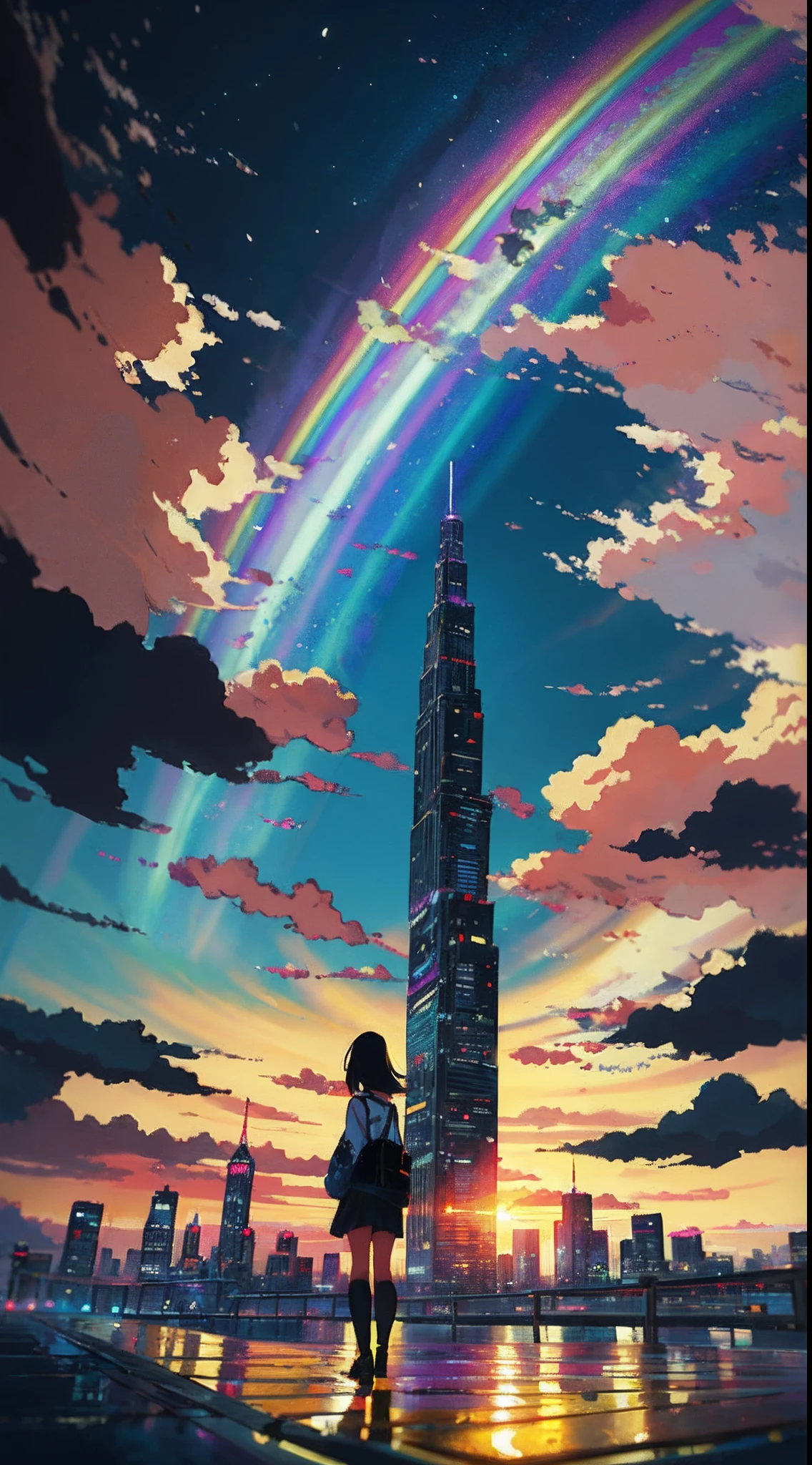 Anime girl standing in big city looking at rainbow sky,Near Future City、 makoto shinkai cyril rolando, anime art wallpaper 4k, anime art wallpaper 4k, Anime art wallpaper 8k, inspired by Cyril Rolando, in the style dan mumford artwork, amazing wallpapers, by Yuumei