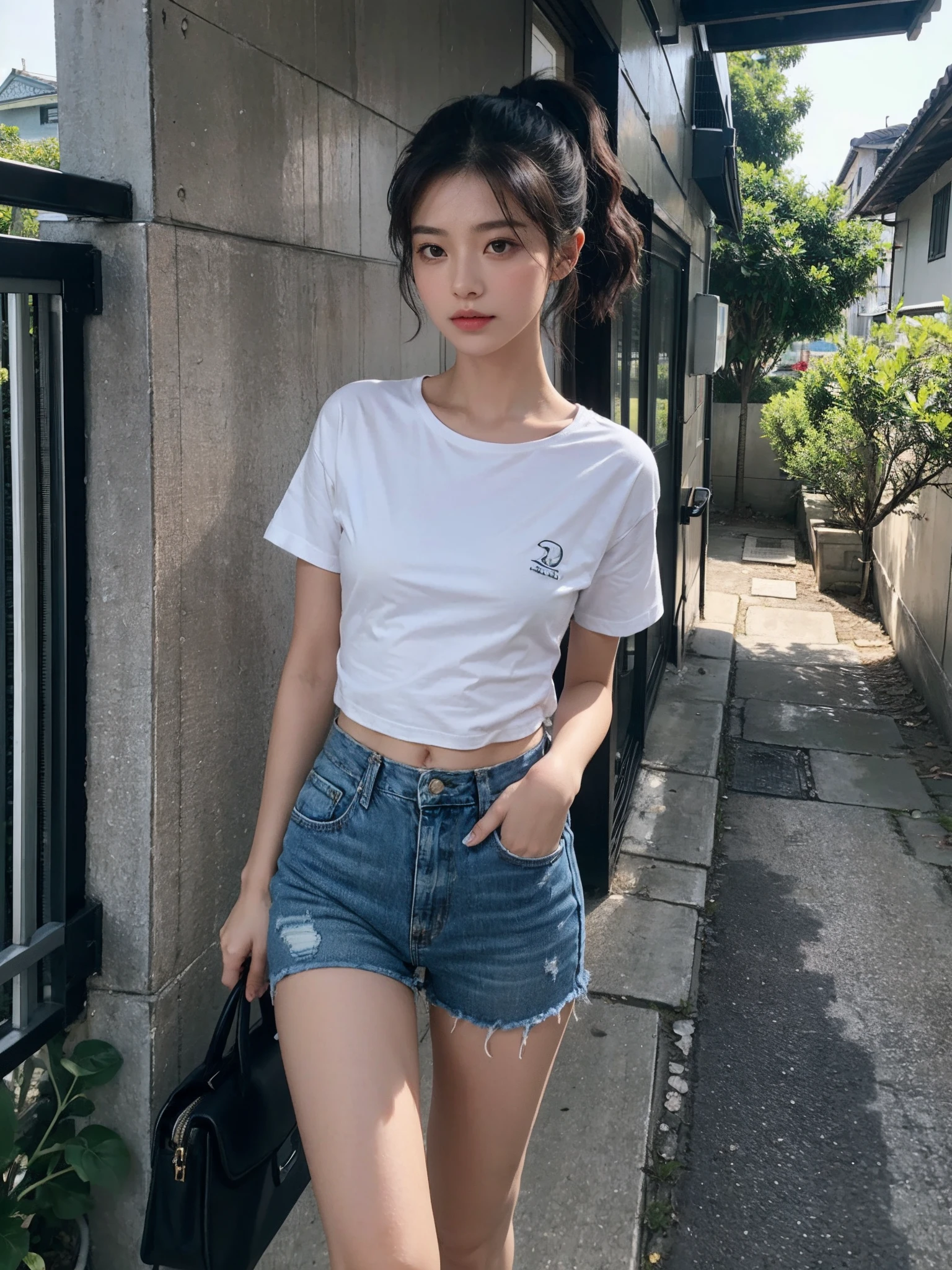 18-year-old Japanese woman,Skinny white T-shirt,The hem is knotted to reveal the waist,Denim super shorts,White sneakers,On the lively streets,(Best quality), (Masterpiece), (A high resolution), Original, Extremely detailed 8k wallpaper, (An extremely delicate)