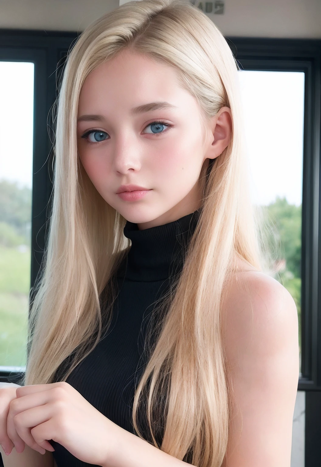 RAW-Fotos, ((Portrait of extreme beauty))), (Radiant white skin)), 女の子1人,  pretty beautiful girl in subway, (light blonde hair with natural shine))), [blaue Augen], Seidig feines Haar, glattes langes Haar, Eyeliner, Pony, Haare zwischen den Augen, Flatterndes Haar, (((Meisterwerk, Top quality, Ultra-Details, Film-Licht, Komplexe Details, high resolution, 8K, sehr detailliert)), Detaillierter Hintergrund, 8K UHD, DSLR, Weiches Licht, High quality, Filmkorn, Fujifilm XT3, light depth of field, natural lightting, (Perfekte Hand), perfect beautiful face