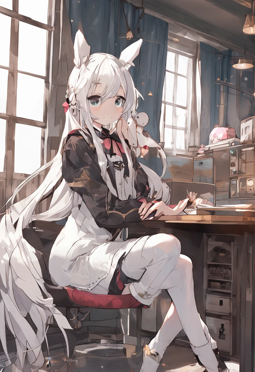 Animal ear white long hair over lacquered socks full body photo