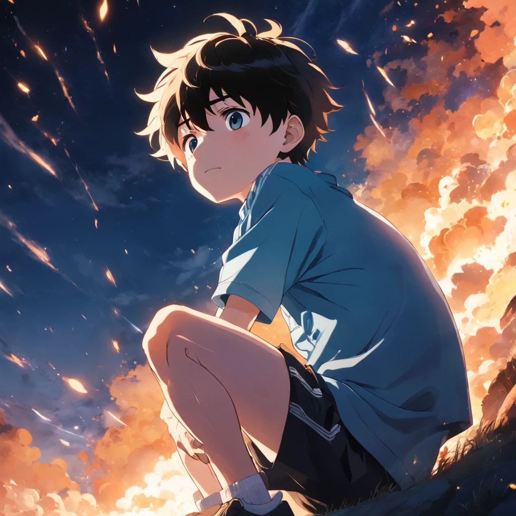 Masterpiece, Best quality, cinematic Film still from, 1boy, Libido boy, Floating in the sky, Close-up, Bright, cheerfulness, Warm and soft lighting, Daytime, (spark of light:0.7), (AS-Young:1.7), (1boy:1.8), (Male focus:1.2), (Cute:1.7) Shigeo Kageyama, Mob psychosis, view the viewer, Sitting down, sad,front poses,sitted