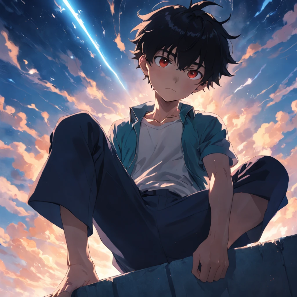 Masterpiece, Best quality, cinematic Film still from, 1boy, Libido boy, Floating in the sky, Close-up, Bright, cheerfulness, Warm and soft lighting, Daytime, (spark of light:0.7), (AS-Young:1.7), (1boy:1.8), (Male focus:1.2), (Cute:1.7) Shigeo Kageyama, Mob psychosis, view the viewer, Sitting down, sad,front poses,sitted