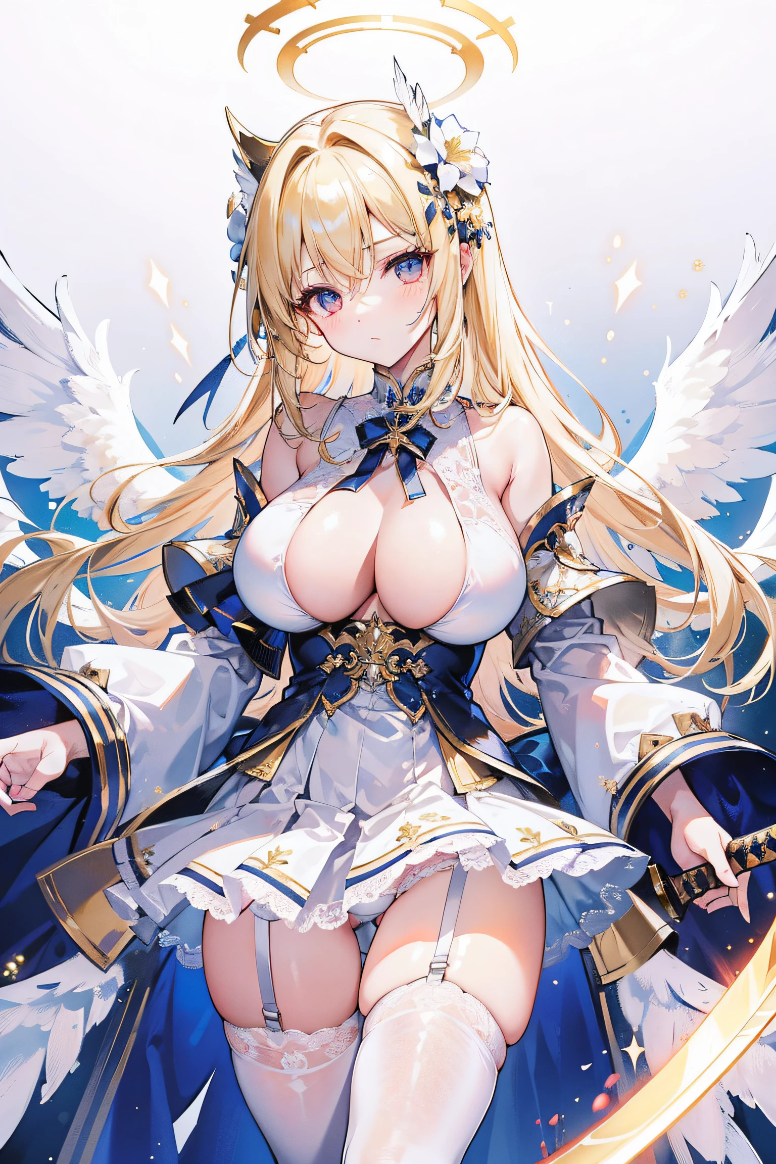 A girl with a halo on her head floats in the air, Reveal her entire chest,Show off white lace thong panties,Holding a slender sword in his hand。Six pairs of huge white wings,huge tit,Blonde hair,Golden glowing eyes,divino,Misty,ribbon,Fog surrounds,Clear sky with extreme detail gorgeous background,extreme hight detail,White lace underwear,Miniskirt