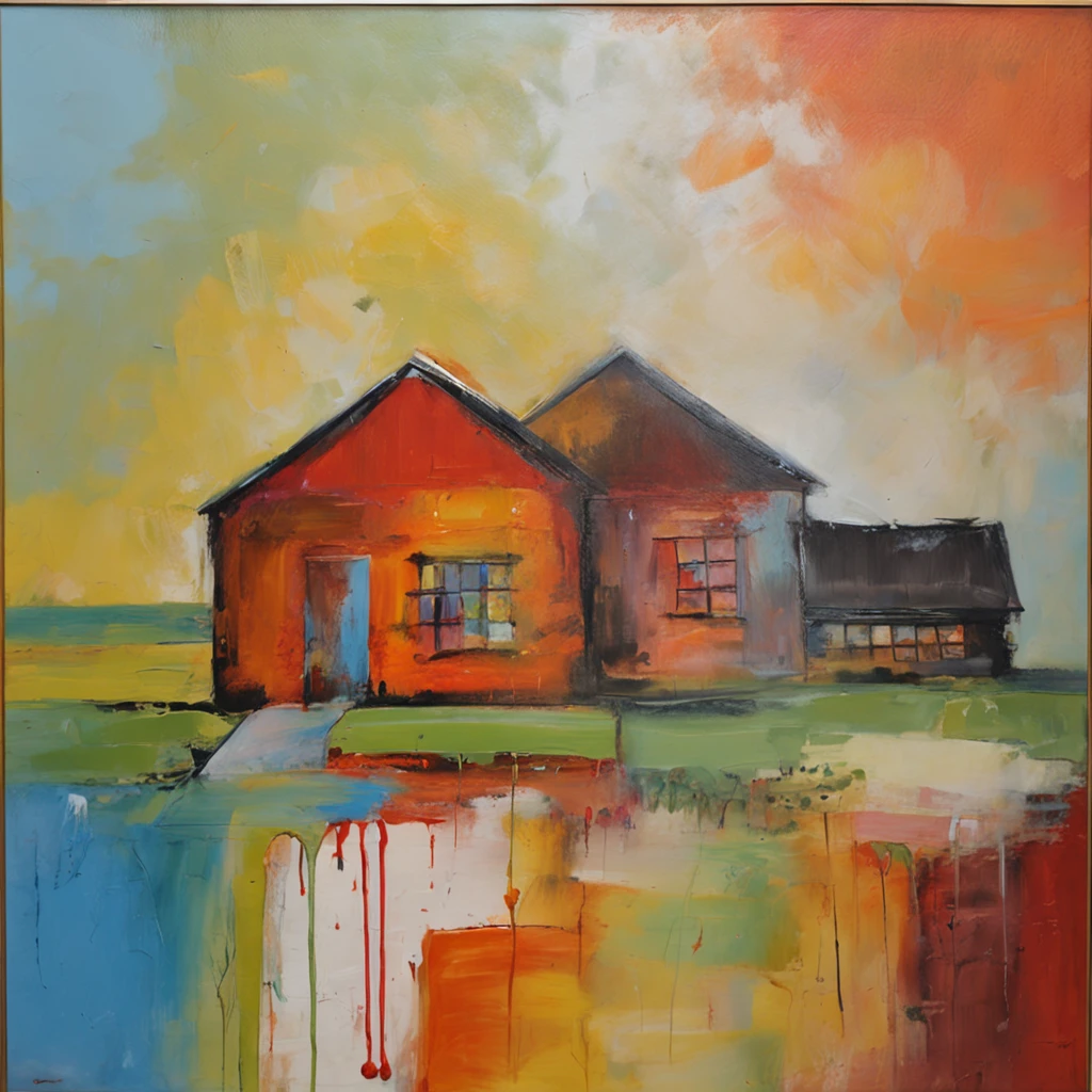 A boy in the house,wooden cabin,Blue sky,supermarket,Clouds