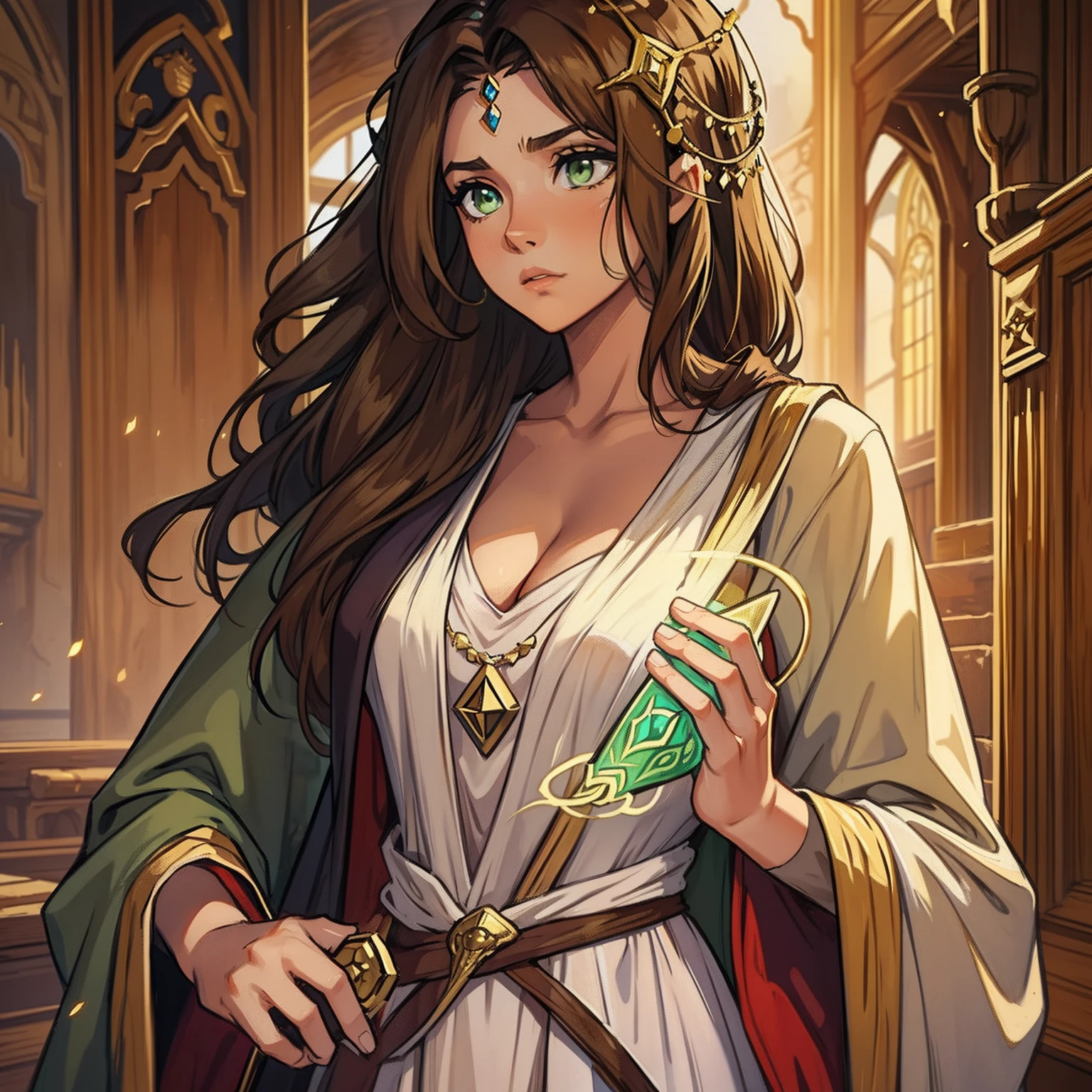 A beautiful sexy woman with green eyes and brown hair is a sorceress Wizard dressed in white and gold robes Noble robes A princess of magic and a tired look, ((corada)) dramatic wooden wallpaper An art for an RPG A medieval art for an RPG