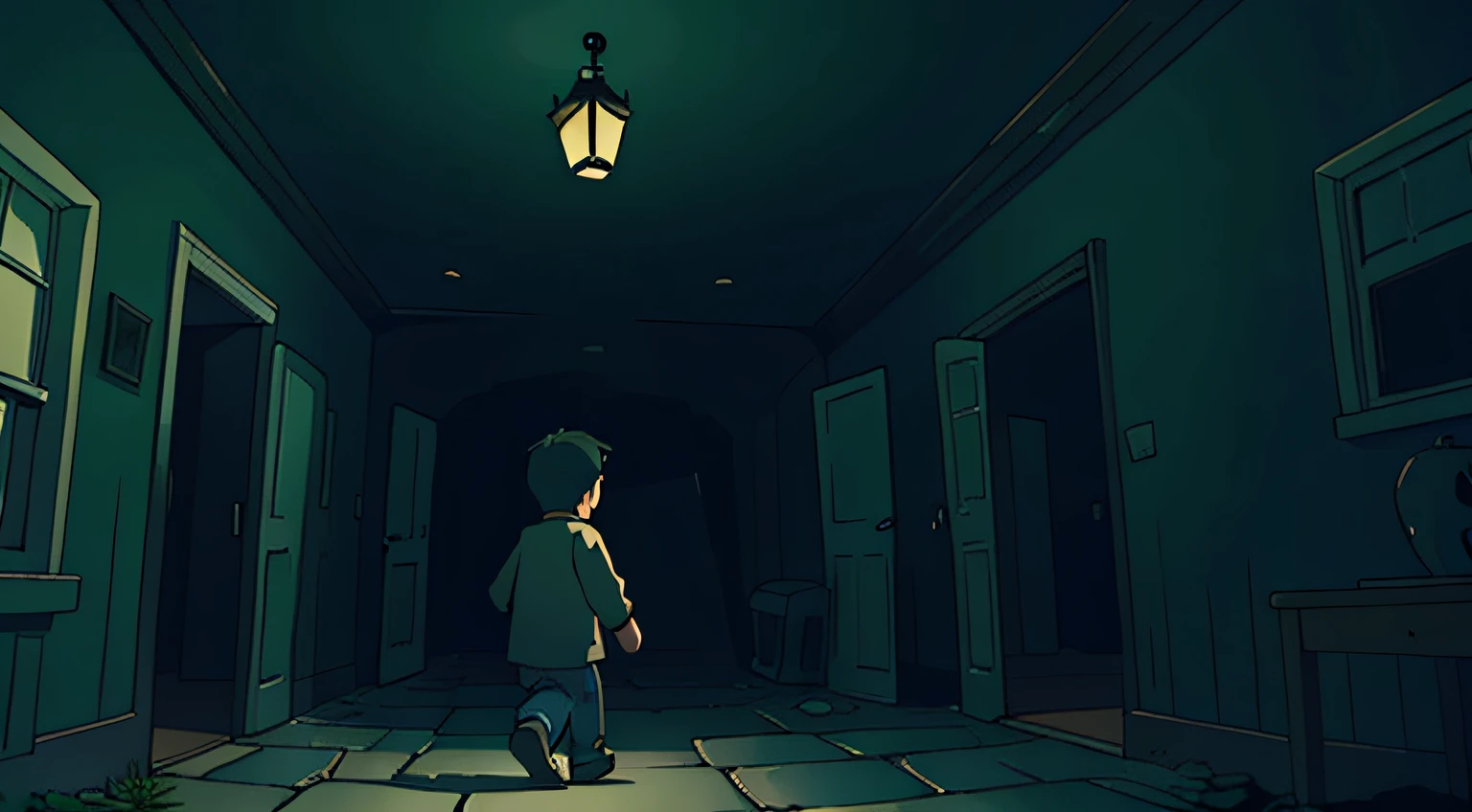 Boy entering a haunted house