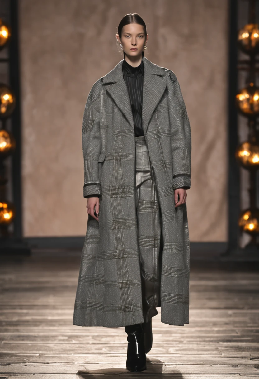 Autumn and winter catwalks,Classic black and white lettering,Check,Patterned coat,Loose coat,Beige shirt with grey turtleneck,Chiffon ruffled gray sequin maxi dress,flowing shimmering fabrics,Gray top with wide-leg trousers,Subtle earth tones,Inspired by Ralph Lauren