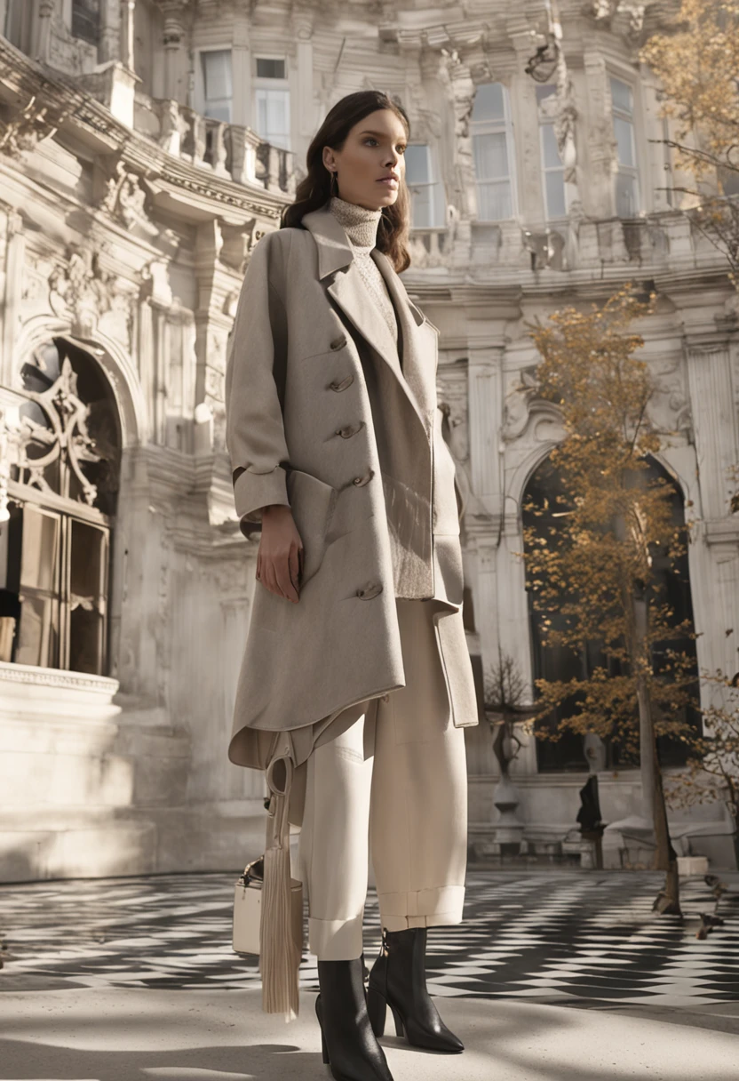 Autumn and winter catwalks,Classic black and white lettering,Check,Patterned coat,Loose coat,Beige shirt with grey turtleneck,Chiffon ruffled gray sequin maxi dress,flowing shimmering fabrics,Gray top with wide-leg trousers,Subtle earth tones,Inspired by Ralph Lauren