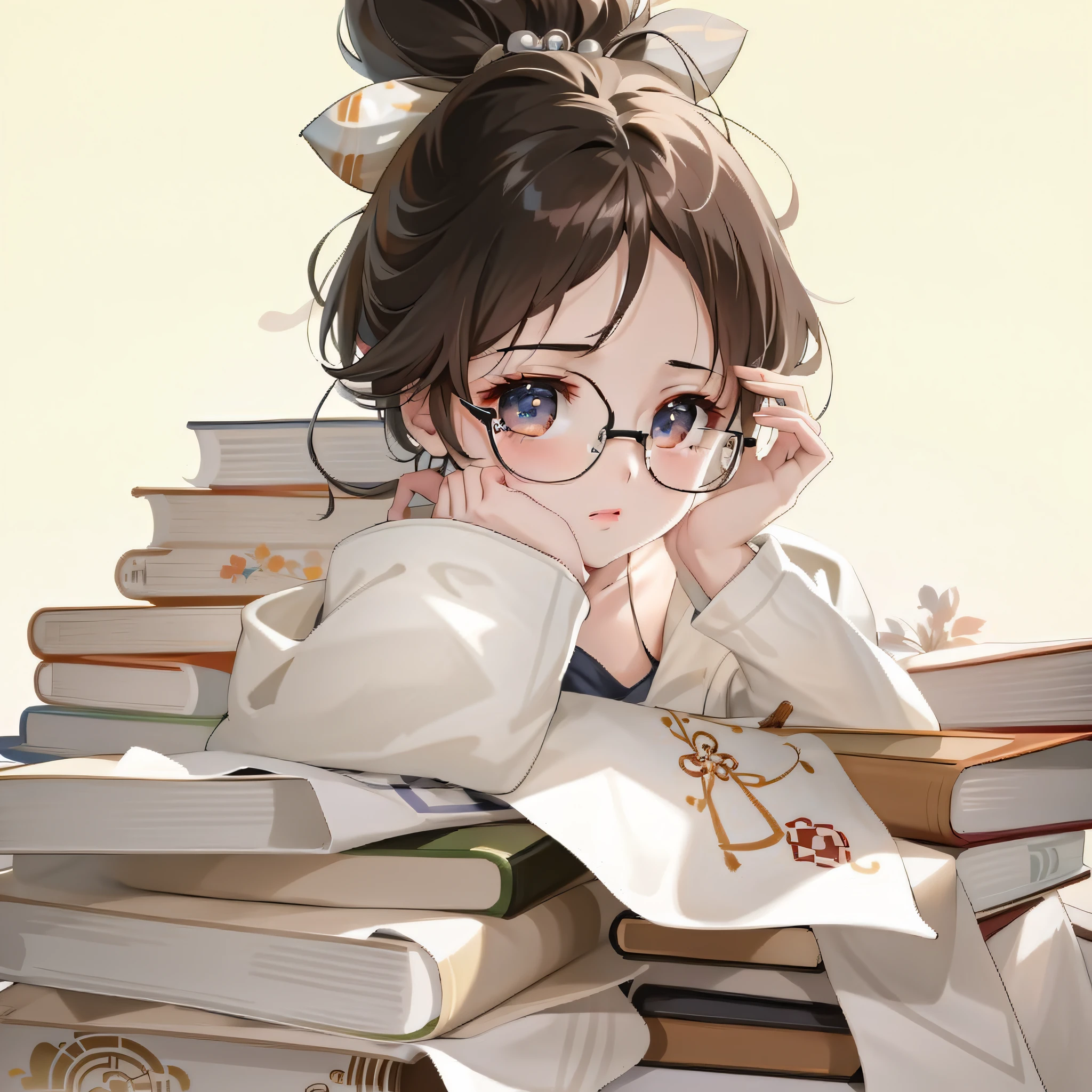 There was a girl sitting on a pile of books, Guviz-style artwork, Guviz, guweiz masterpiece, Guweiz in Pixiv ArtStation, book portrait, Guweiz on ArtStation Pixiv, by Yang J, By Li Song, author：yanjun cheng, author：Xia Yong, Yu Ye Xin held his face in both hands