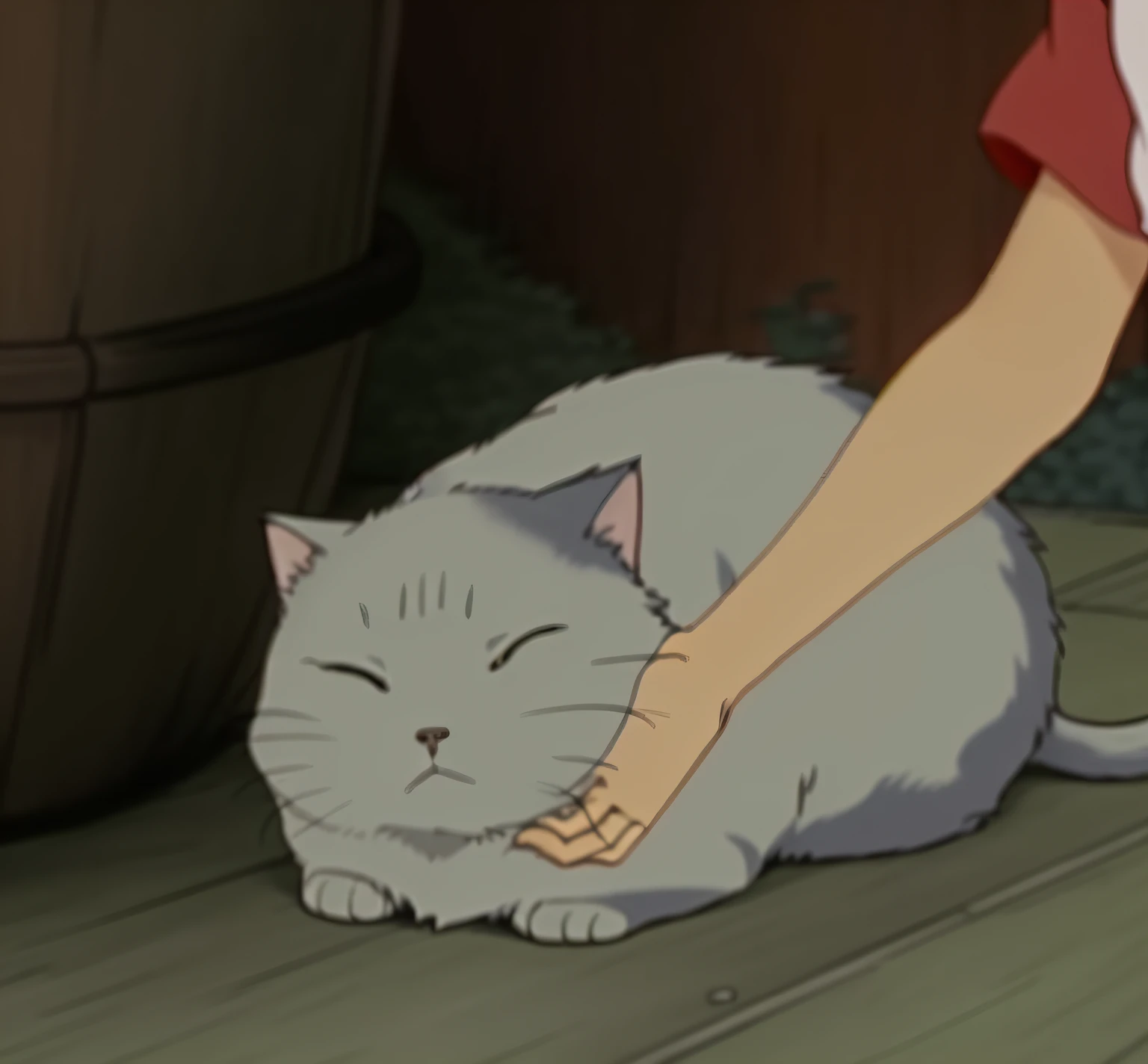 Anime scene where a cat is petted, style in ghibli anime, ghibli spirited away vibe, studio ghibli anime screenshot, style in ghibli anime style, kikis delivery service, from the studio ghibli film, anime cat, by Ghibli Studio, ghibli vibe, Miyazaki movie scene, author:hiyao miyazaki, ghibli animated film, miyazaki's animated film