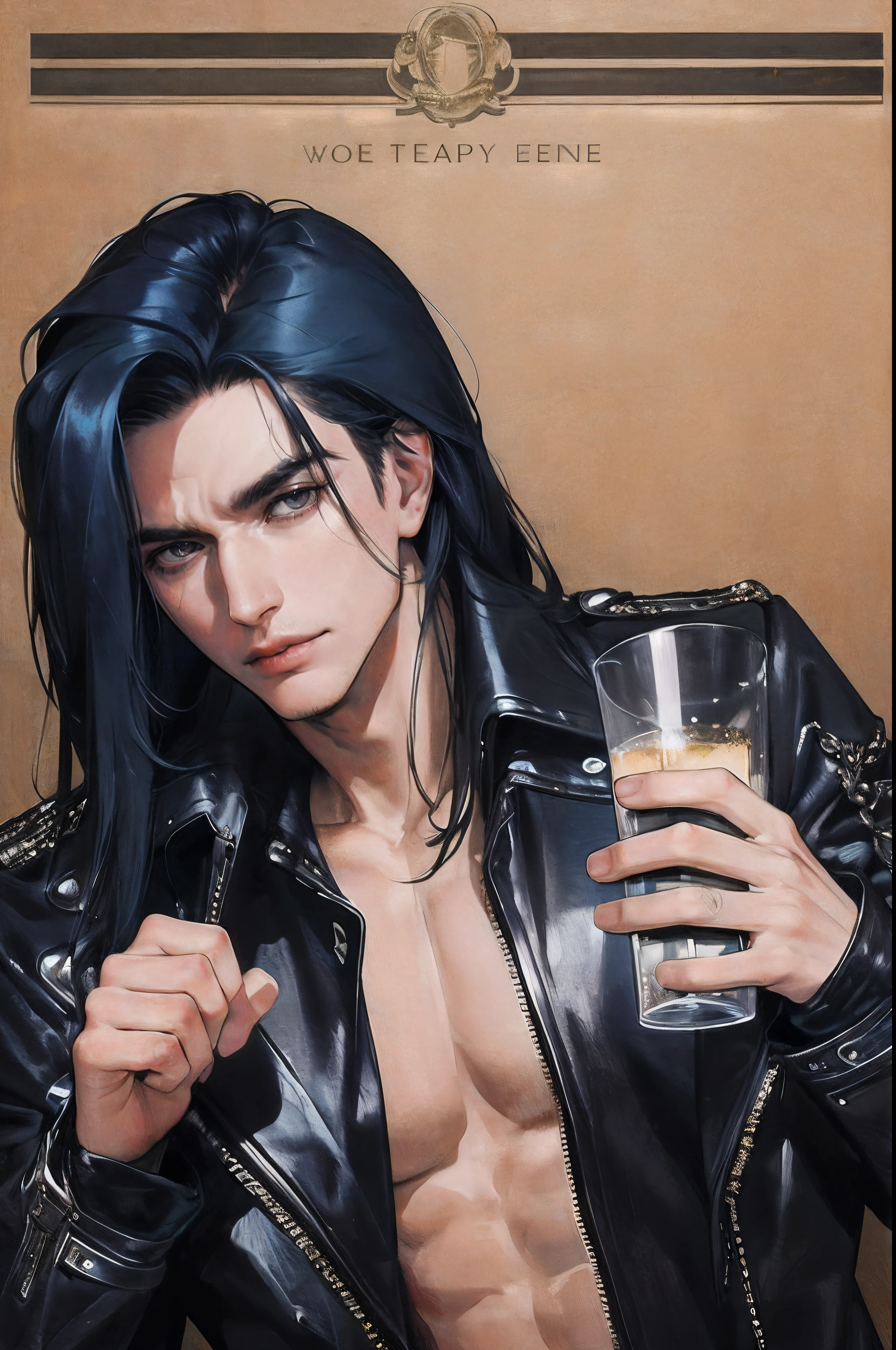cover for a book, photography of a heavy metal star, a solo man, (((man))), (masculine face), 25 years old, singer, bad boy, (black eyes), expressive look, long dark blue black hair, (((bar background))), straight hair, blueshine hair, unshaven, black leather jacket, long sleve jacket, leather pants, chest tattoo, super detailed face, perfect body, perfect shapes, realistic image, award winning photography, 8k,