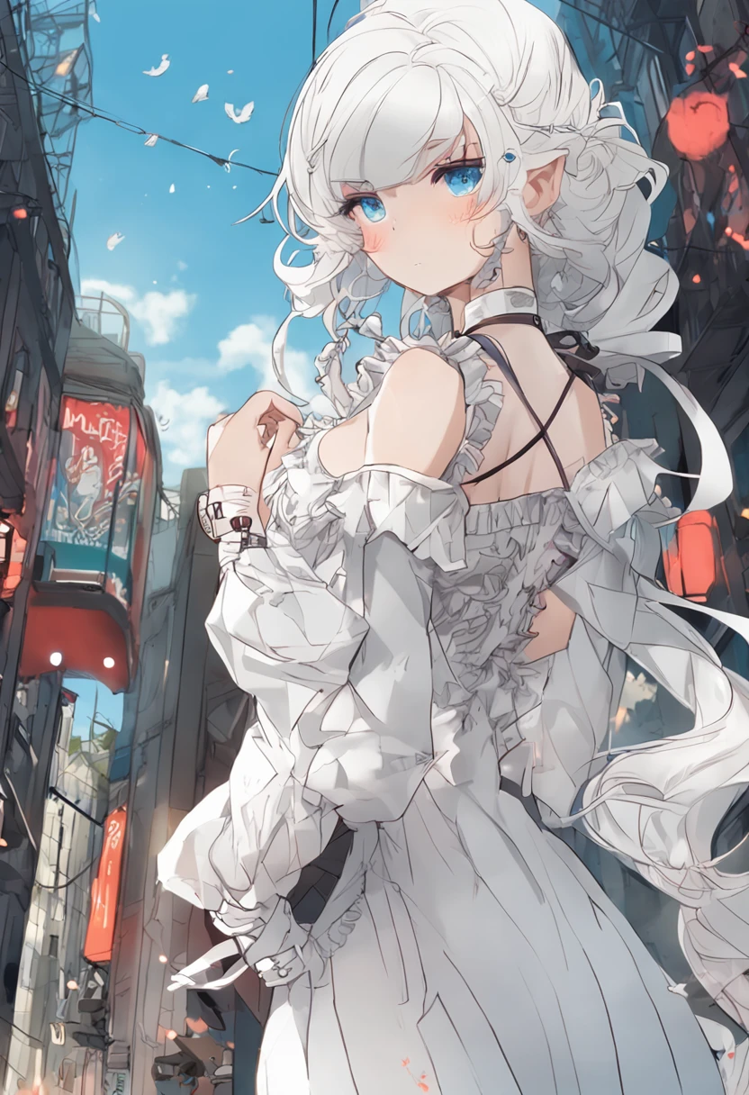 White color hair,Double ponytail curls,blue color eyes,White Lolita,Beth,A bustling city street