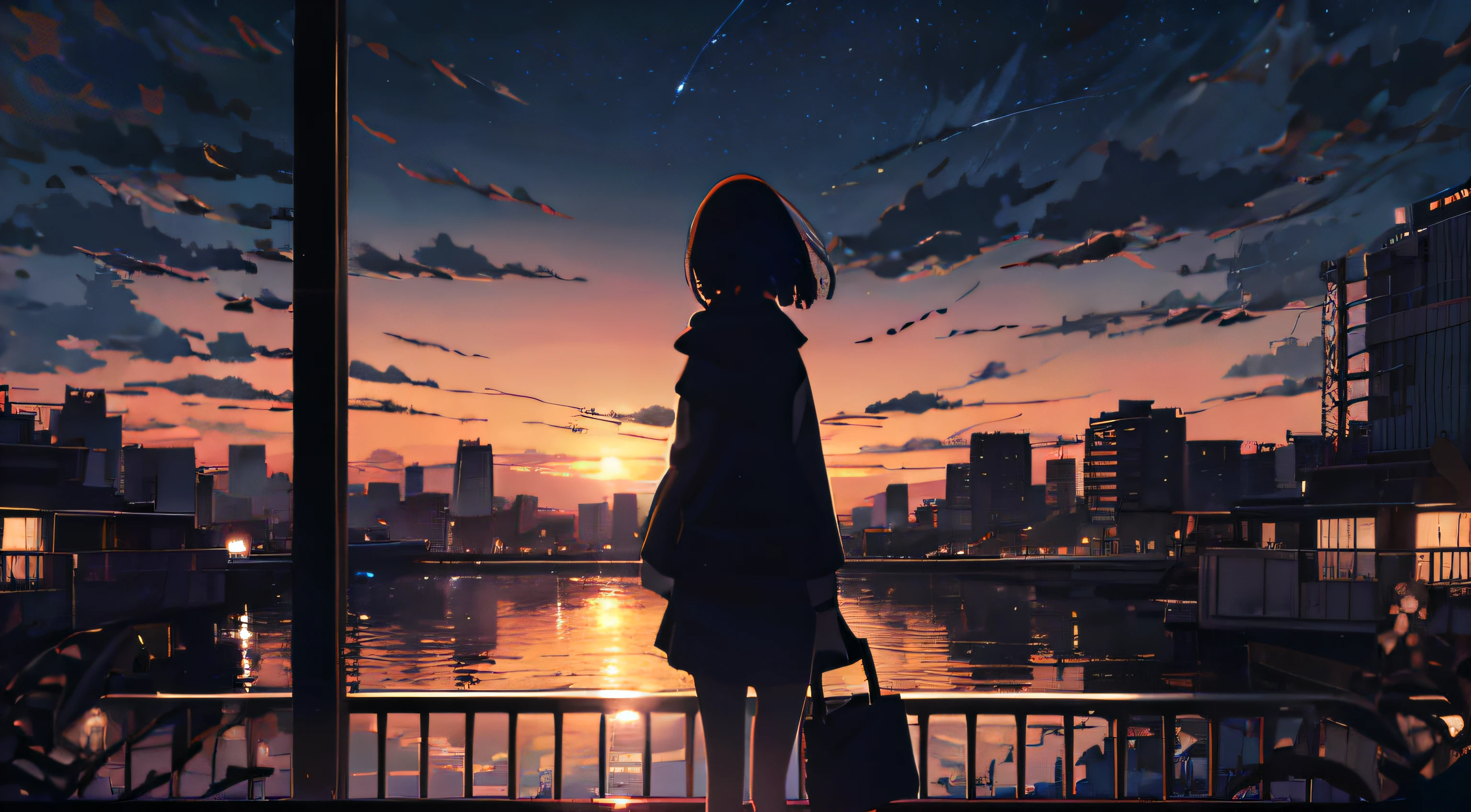 anime,silhouette,1girl, star (sky), cloud, cityscape, building, city, outdoors, skyscraper, city lights, night, night sky, sunset, skyline