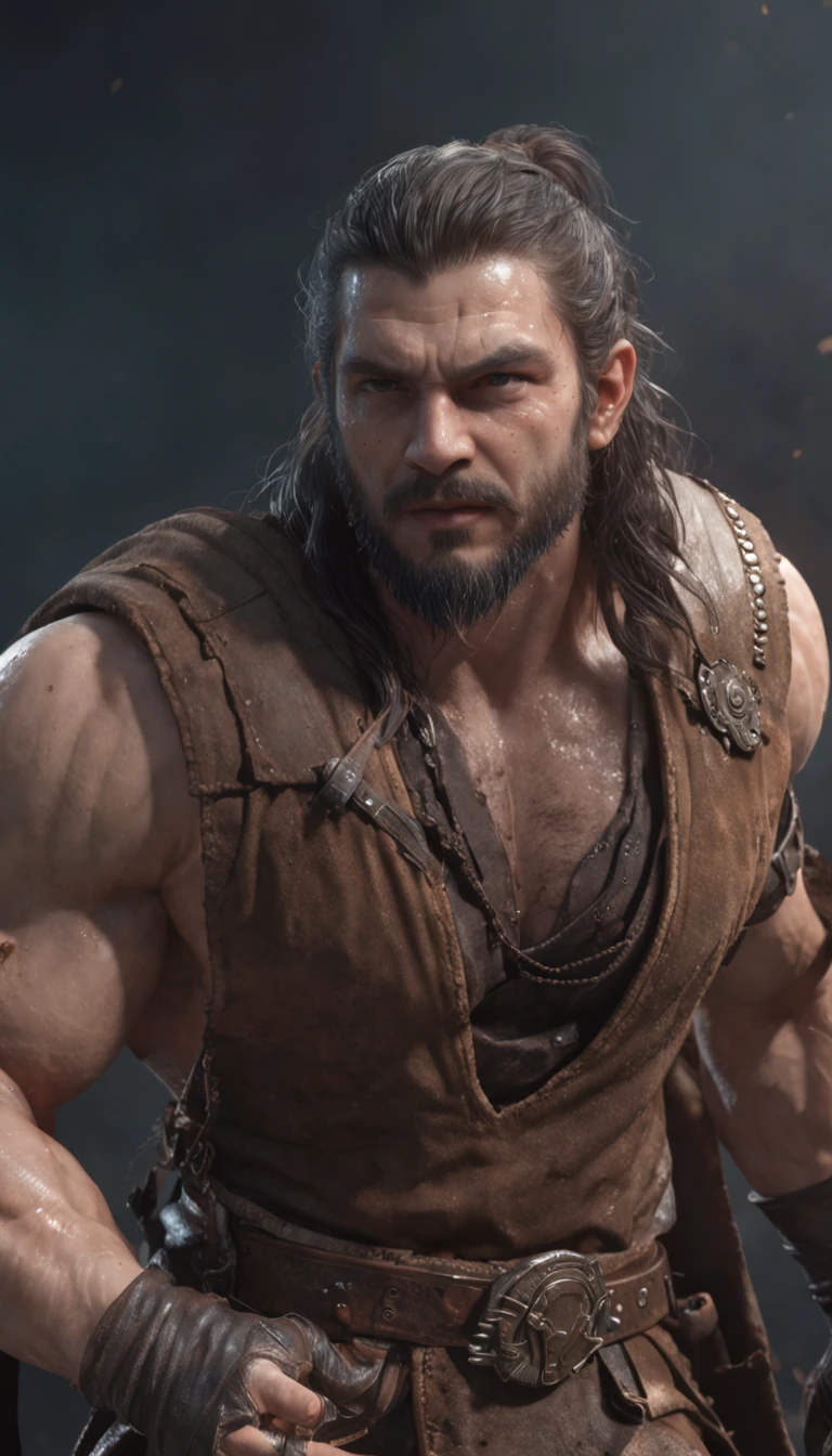(Professional 3D rendering:1.3) of (Realistic:1.3) The most beautiful art in the world，There are soft and shiny male heroes., ((Epic fantasy hero, muscle, rough man, wet, angry hero, watch long hair, short beard and fierce expression in dynamic poses., Great place., Towering environment)), Full body 8k unity display, Action Shooter, skin pores, The light is very dark., Detailed, detailed face, (vibrant, photo-realistic, Realistic, breathtaking, dark, crisp focus, 10), (Old leather clothes damaged by weathering.:1.4), ((((Fur wear)))), (intricate:1.4), deteriorate, (high-detail:1.4), digital painting, Octane display, art station, Concept Art, smooth, crisp focus, illustration, Nose Art, (loish:0.23), (Global Illumination, studio light, volumetric light), heavy rain, Particles float, ((Dark and ancient city background:1.3)),CGSesociety,art station, youthful,kawaii,city scape, nighttime, It's raining, wet, Professional lighting, photons mapping, radiosity, Physically Based Rendering,(Beautiful small hard:1.3),(Saw the head nipples on the dress.:1.8),(glossy:1.65),(transparent:1.75),Blue Hair, Wind,Full body