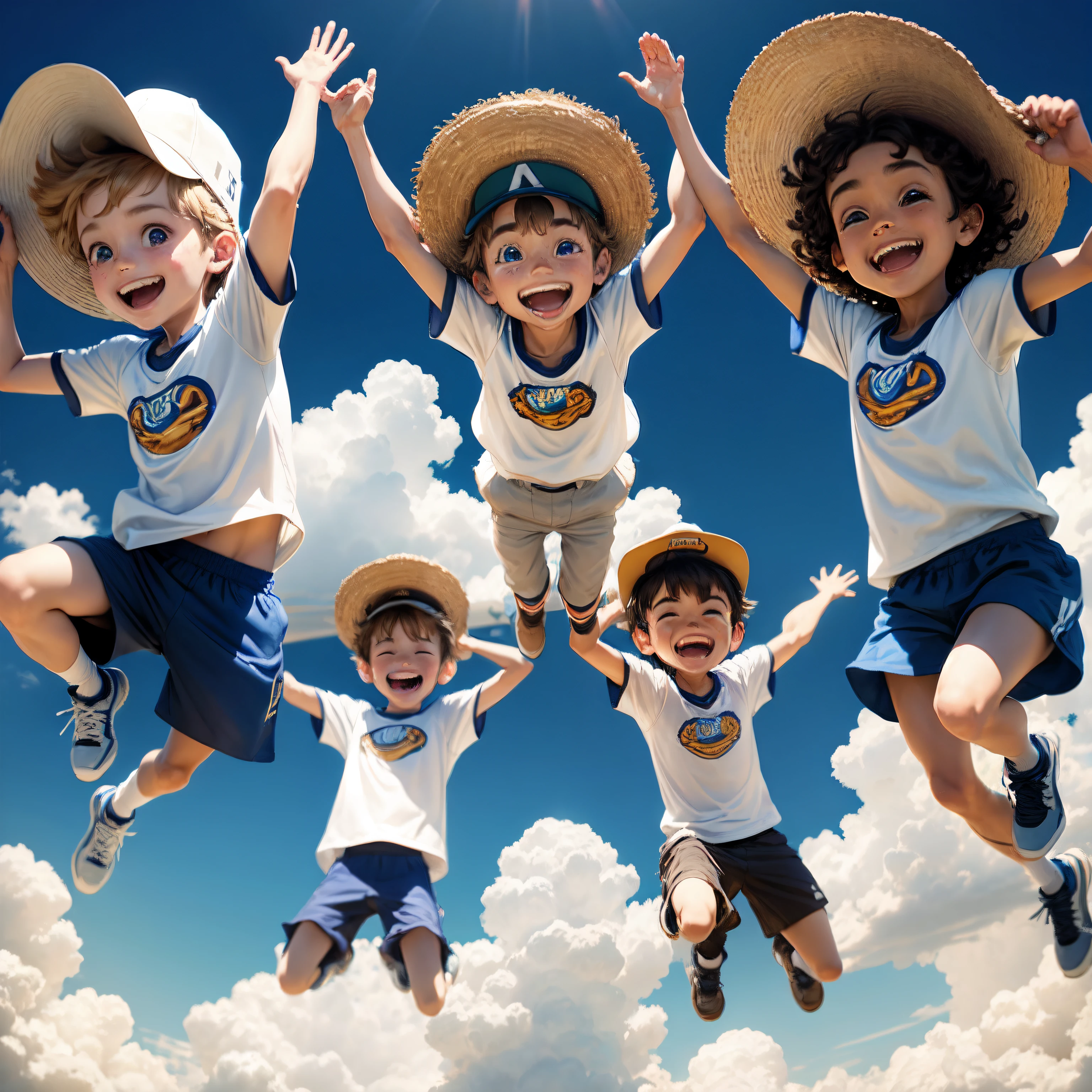 A group of boys between the  6 and 12 wearg visor hats, Jump in high air and raise your hands up. They are happy and full of strength and strength.