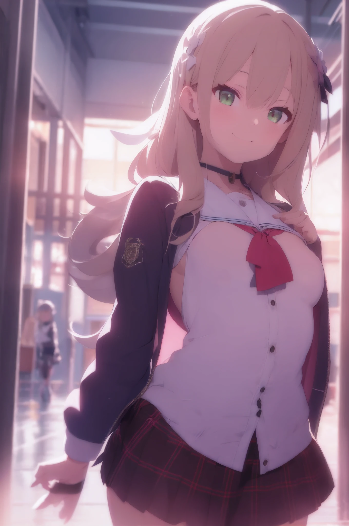 RikaJou, 1girl, solo, long hair, blonde hair, green eyes, small breasts, fang, smile, standing, dynamic pose, 8k, masterpiece, best quality, absurdres, perfect anatomy, cinematic lighting, cowboy shot, (school uniform:1.1), school, yard, schoolyard