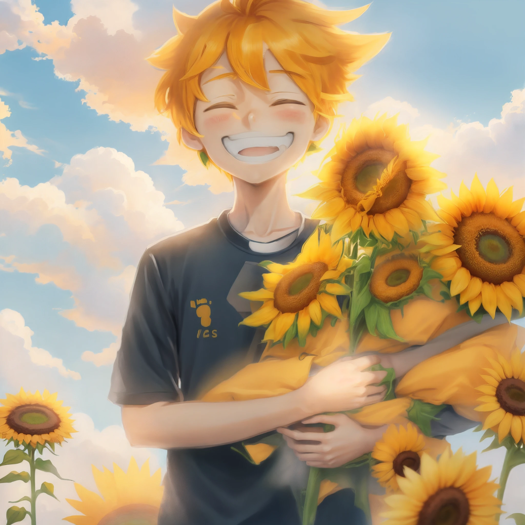 There was a boy holding a bunch of sunflowers in his hand, beautiful sunflower anime girl, orange - haired anime boy, sunflowers in the background, made with anime painter studio, With flowers, drawn in anime painter studio, happy sunny day, Sunny day, author:Kikukawa Sakaeyama, High-quality fanart, sunny day time, High Quality Anime Art Style