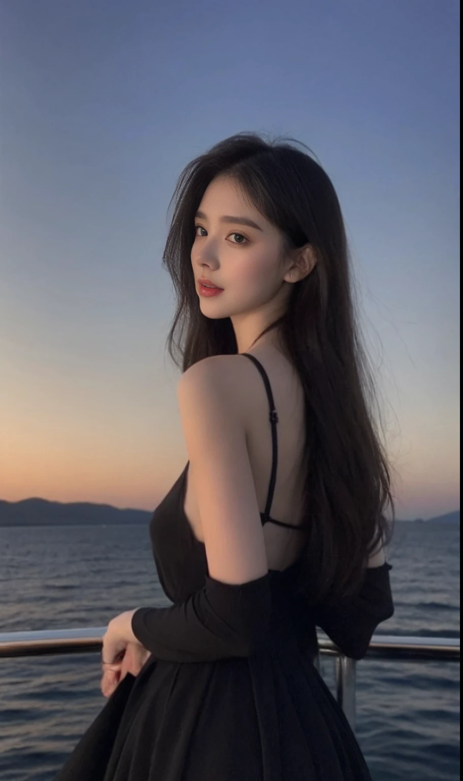 （Original photo of 8K，best qualtiy，tmasterpiece：1.2），focal point：1.2，perfect body figure：1.3，（Medium view），the night，Evening on the yacht，Sea and night view in the background，best qualtiy，tmasterpiece，（Small mouth：1.2），an extremely delicate and beautiful one，，astounding，finely detailled，tmasterpiece，Best quality at best，（age 22：1.2），Narrow waist，Slim，is shy，Pure，adolable，Bushy hair，Soft hair，big breasts beautiful，A detailed eye，（long whitr hair：1.2）