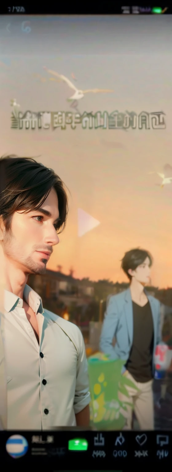 In the evening, Two handsome guys with Pepsi in their hands, Return to the villa, Birds flying in the sky,A picture