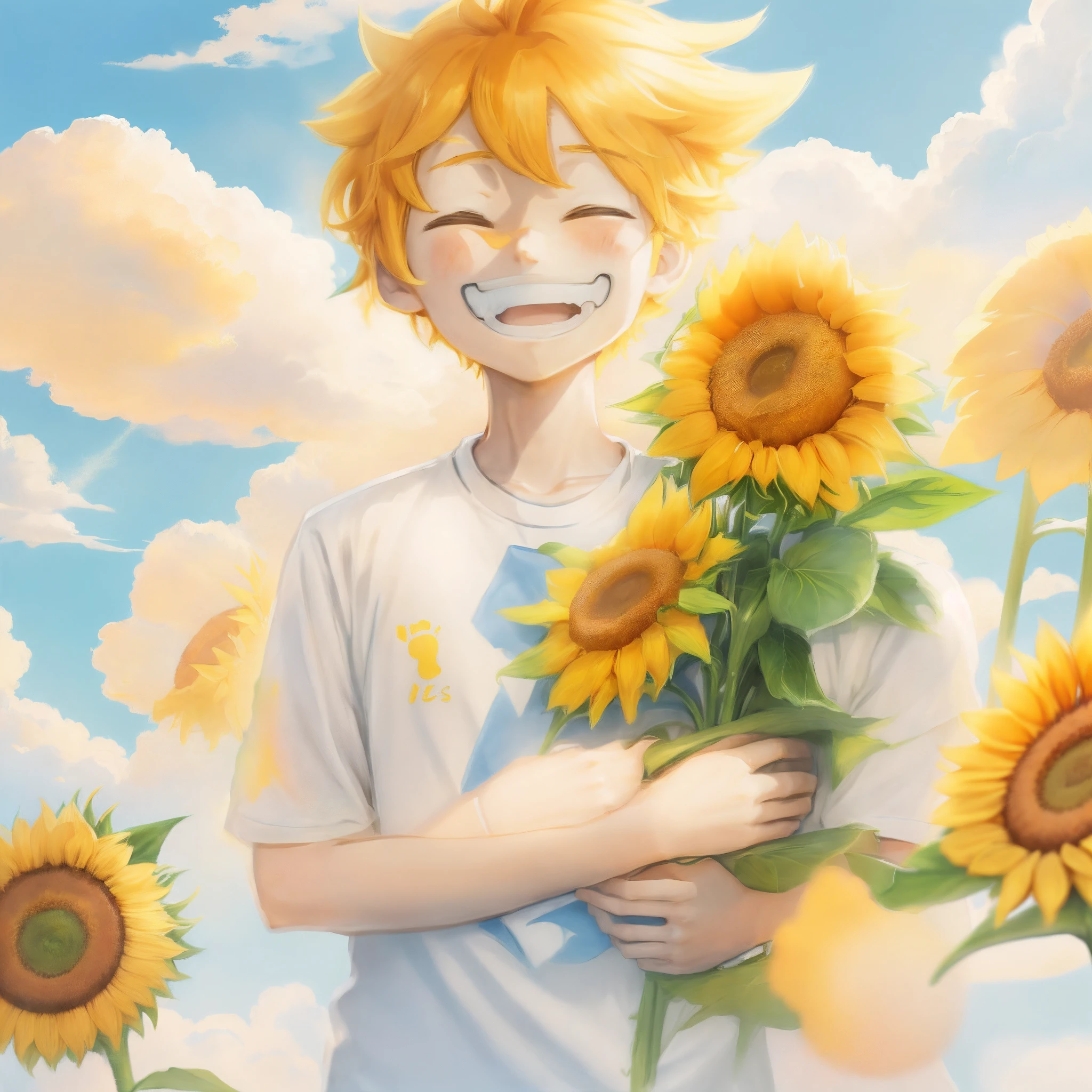 There was a boy holding a bunch of sunflowers in his hand, beautiful sunflower anime girl, orange - haired anime boy, sunflowers in the background, made with anime painter studio, With flowers, drawn in anime painter studio, happy sunny day, Sunny day, author:Kikukawa Sakaeyama, High-quality fanart, sunny day time, High Quality Anime Art Style
