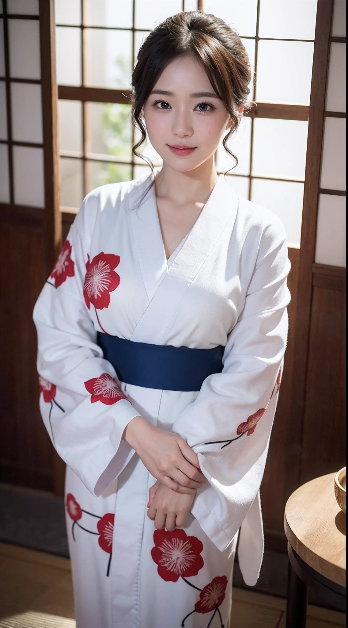face is :9,3492120809], Naive 33-year-old wife、Height 156 cm, slightly chubby figure、Japan in a yukata、Yukata at Japan Ryokan、Shoulder out、鎖骨、Japanese Models, Short Layer Hair、A smile、Smile、japanaese girl, bath robe、Neat and clean Japan woman, goddess of Japan, Innocence、Raw photo, (in 8K、top-quality、​masterpiece:1.2)、(intricate detailes:1.4)、(Photorealsitic:1.4)、octane renderings、Complex 3D rendering ultra detail, Studio Soft Light, Rim Lights, vibrant detail, super detailing, realistic skin textures, Detail Face, Beautiful detail eyes, Very detailed CG Unity 16k wallpaper, make - up, (detailedbackground:1.2),　shinny skin、