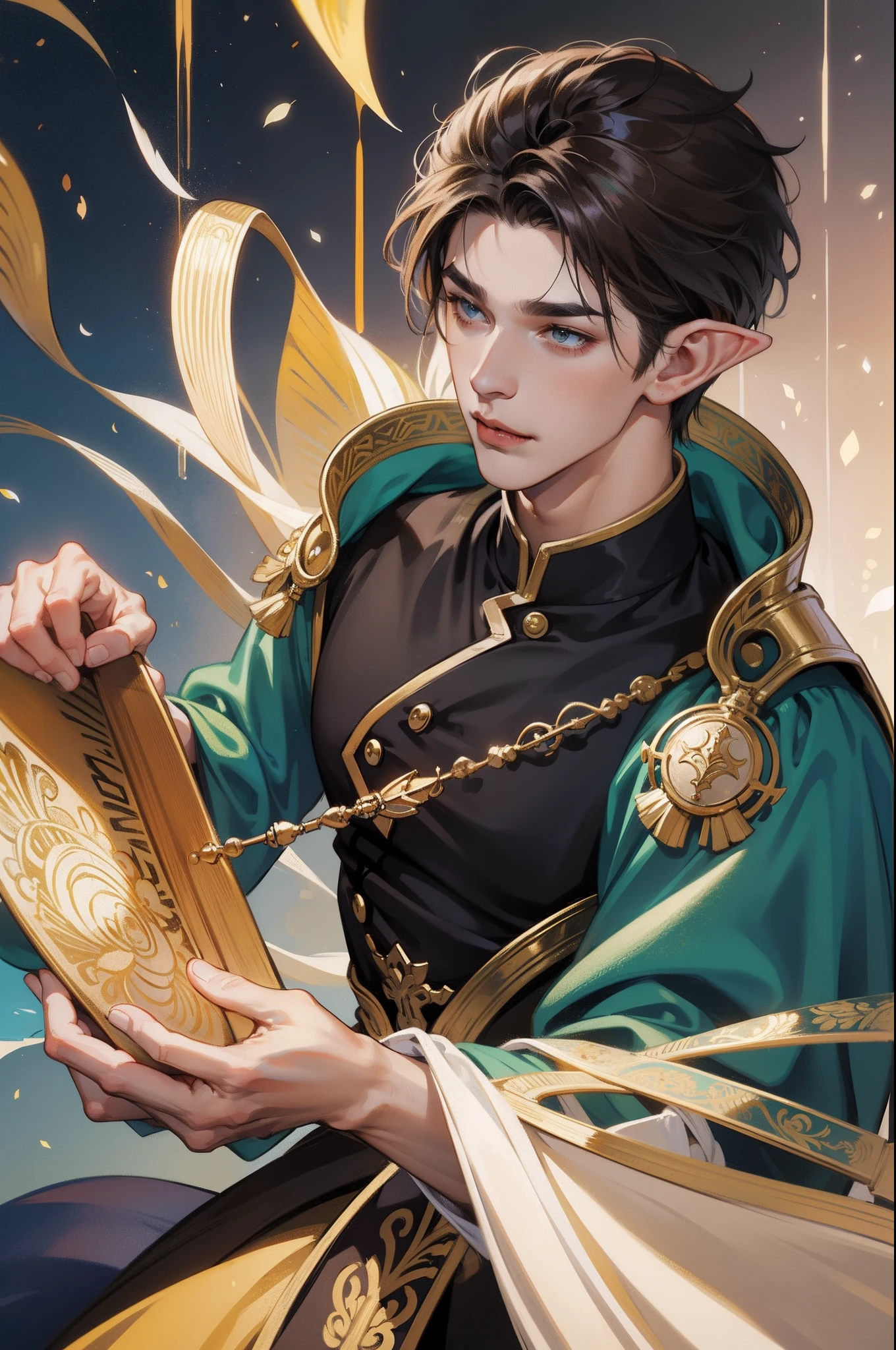 (hoang lap, k hd, ultra - detailed), (1male people, Single, AS-Adult, mature:1.4, Idade:1.4, youth, Tall muscular man, broad shoulder, Handsome), Very short hair, brunette color hair, Hair oil, with brown eye,(Pointed chin:1.4,Thick neck:1.4,thick eyebrow:1.4),BREAK,night,dark,Medieval bard,BREAK,The upper part of the body,Exquisite and perfect facial features,Fantasy world elf costumes,male people,High nose,Wear a feather hat,harp,Oil painting thick painting style,janelas,8K high-definition