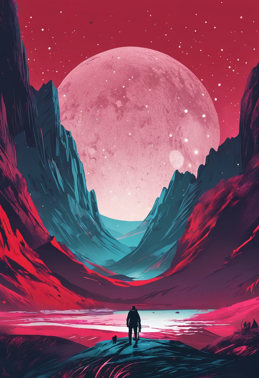 A night landscape with a sky full of stars and a moving figure, reflecting the constant quest for adventure and exploration, red mood.
