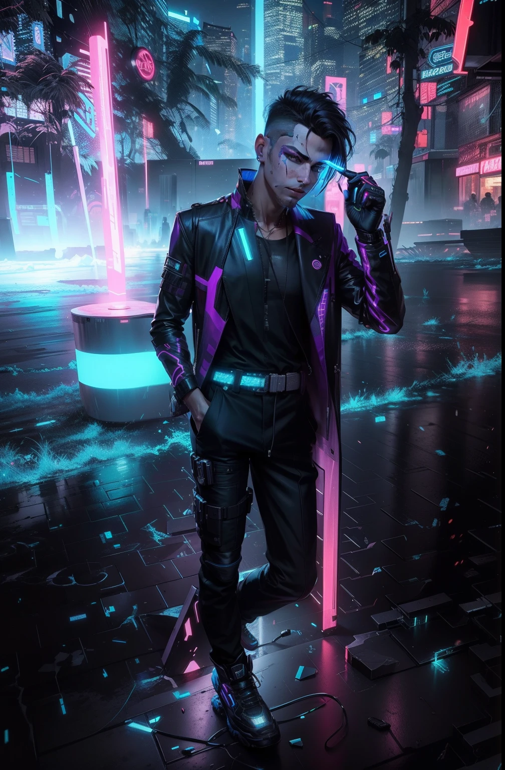 Change background cyberpunk handsome boy, realistic face, 8k, ultra realistic, neon,