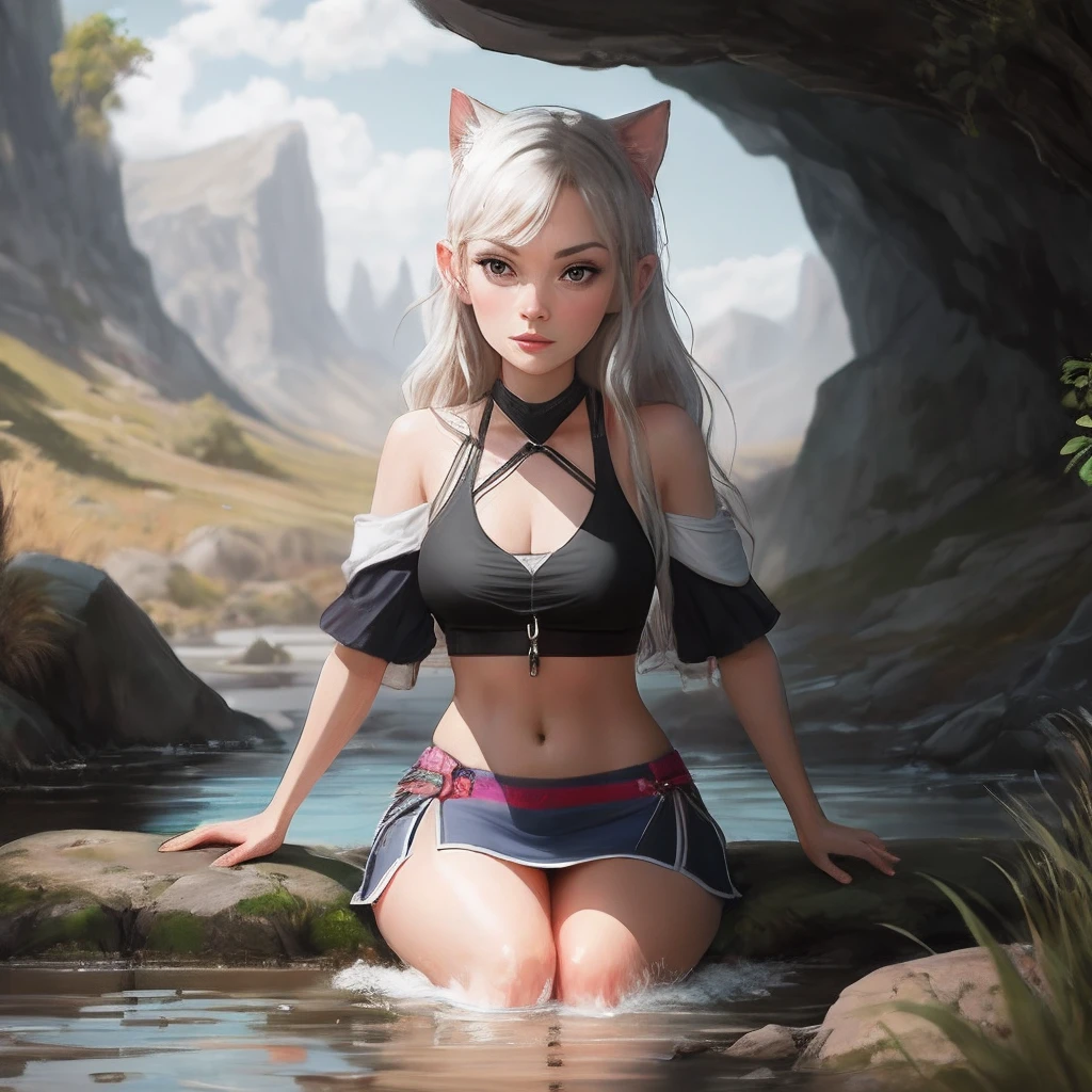 Cat Girl Beauty Swimsuit Big Tits White Liquid Bathing Open Legs Long Hair White Hair