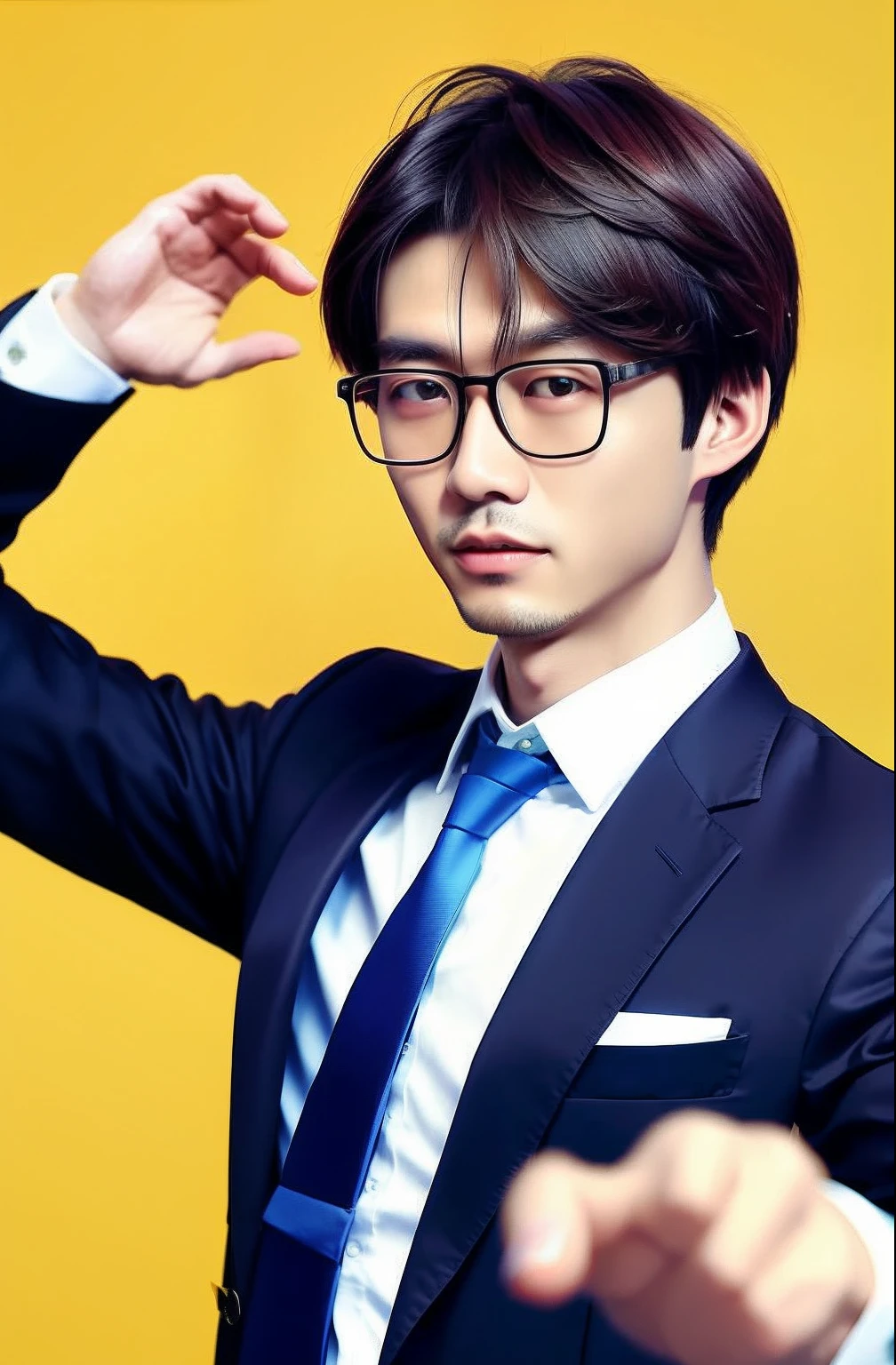 Moderne man wearing glasses and tie poses for a photo, jinyiwei, Li Zixin, yanjun cheng, wenjun lin, xiaofan zhang, Chen Zezhou, yihao ren, Wang Qichao, xintong chen, Zhang Pengzhen, Lin Qifeng, chengyou liu, zhelong xu, yuxiang chen