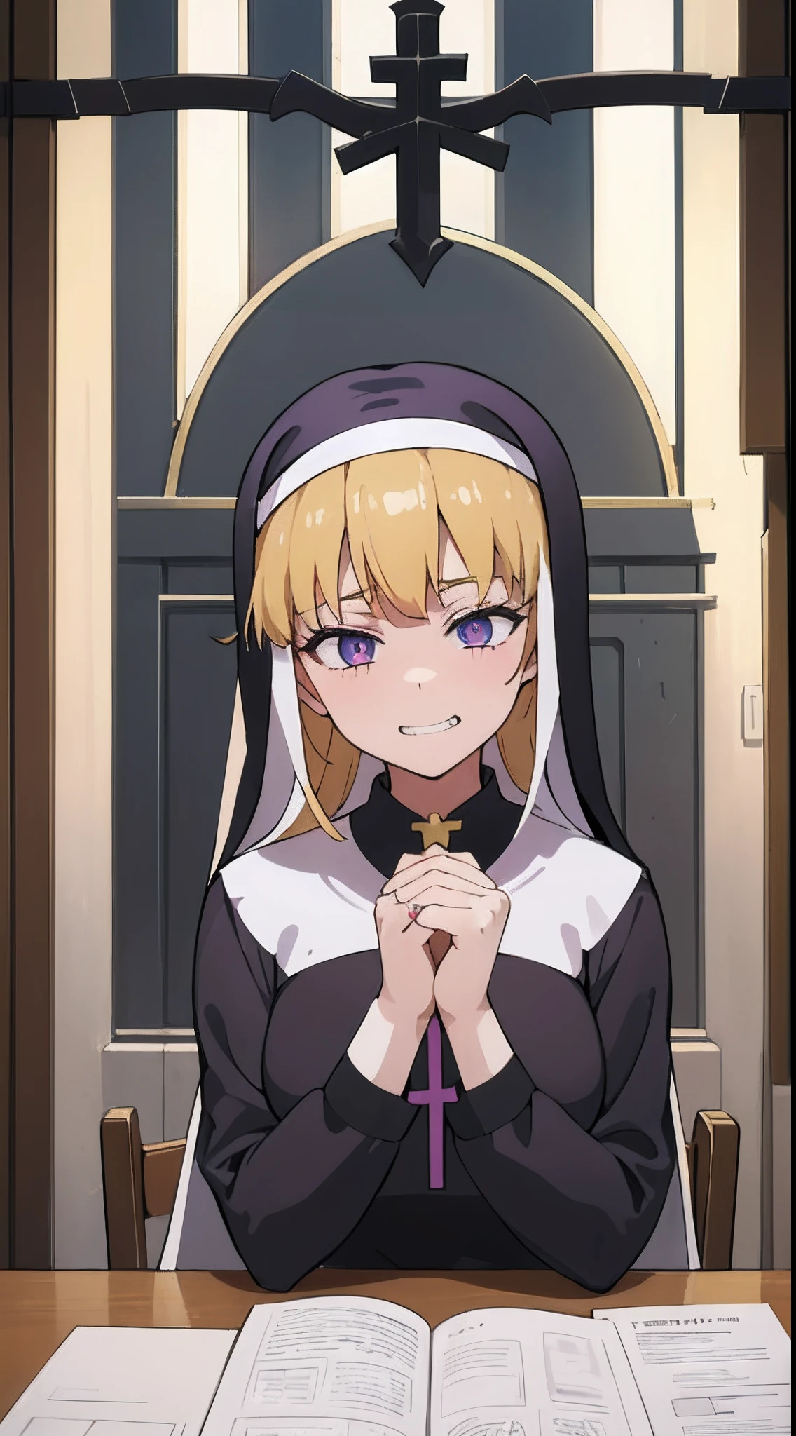 (One teenage nun girl) Purple nun robe with a golden cross around her neck. Cyan eyes. blonde woman, a plump body. Sweet calm face. Sly grin. Lowered gaze. Against the backdrop of a gloomy church hall in the dark.