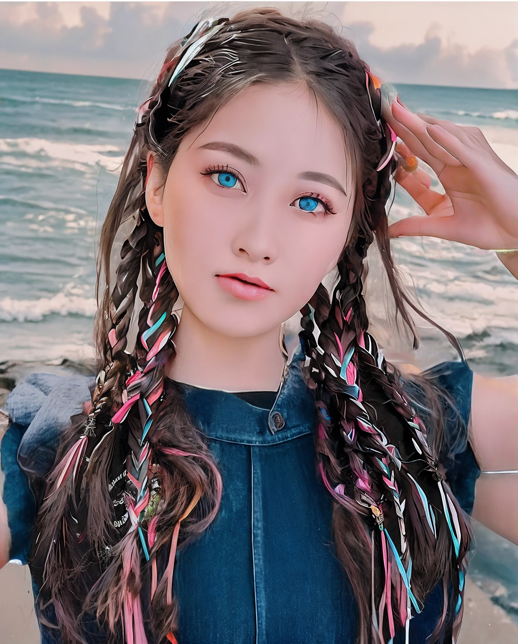 (Facial Focus), (1 Girl, Female, Woman, Solo, Pale Skin, Casual Fashion, Kawaii), (Long Hair, Single Braided Hair, Light Blue Hair, Cute Face, Light Smile), (By the Sea), Milky Way, Sunset,