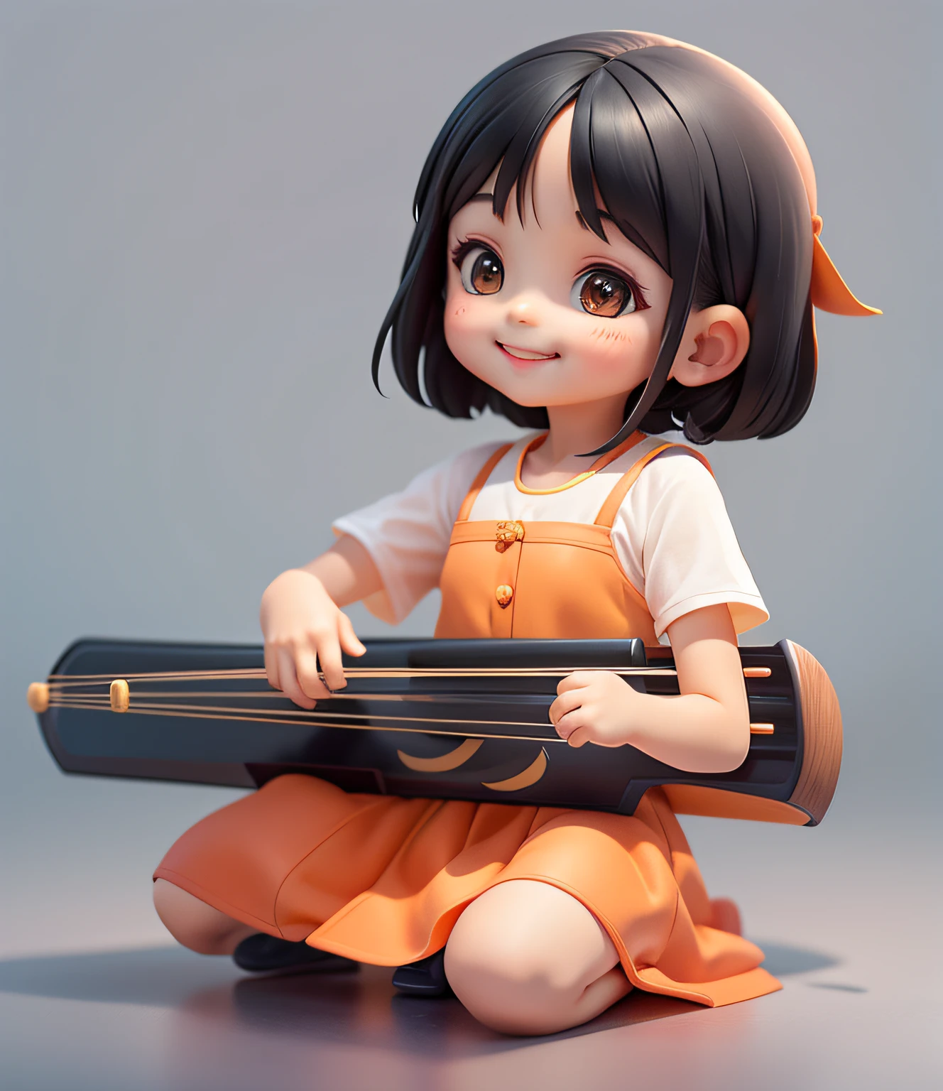 a girl playing the 16-string zither, orange dress, black hair, smiling, clean background,