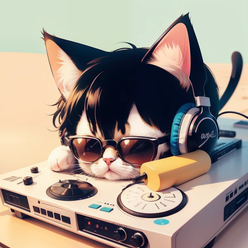 2D Cute Stickers Cat DJ in glasses and headphones Tropical juices Tropical Beach Retro Classic simple line art