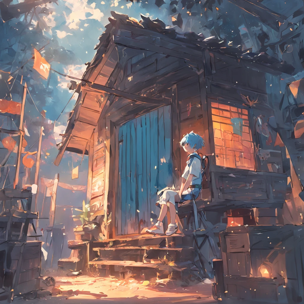 （Blue Sketch 1:4）；（A boy who paints）；（wooden cabin，Cartoon elements）；（The texture is clear，High sharpness，Best quality，Very detailed）