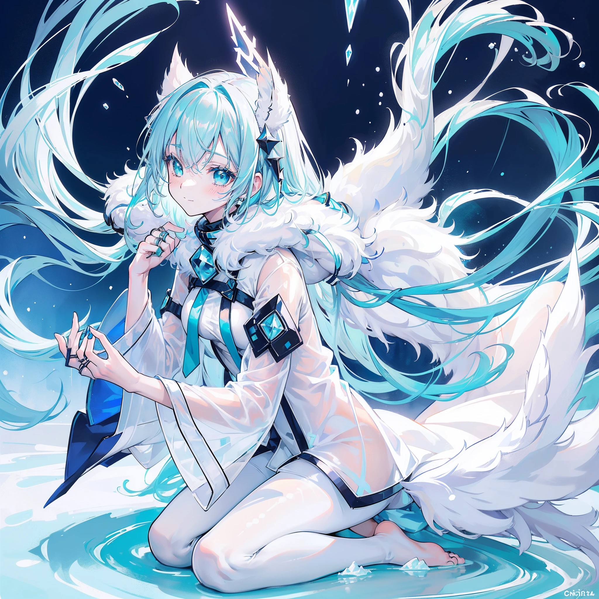 Anime teen girl, ((((White and Blue winter coat with fur)))), blue hand and thigh accessories, (((long light (glowing) aqua hair))), ((hair accessories)), ((black eyes)), (((blue decorations around the entire body))), (smiling), pale skin,  neck, shoulders, medium chest, arms, hands, medium waist, legs, medium thigh, cute, blue stripes on dress, (wearing white gloves), (((((crouching next to a river in a grassfield))))), serious, cinematic light, high resolution, highest quality, ultra detailed, detailed face, (detailed eyes), best quality, hyper detailed, masterpiece, (detailed face), clean face, detailed eyes, ((((white and aqua long robes covering all of the legs)))), (((wearing see through tight pants and clothes))), ((barefoot)), ((((ice around her body)))), ((sleeves covered in see through tight clothes)), (((floating))), ((hands dipped in water)), (((no blush or red on face))), ((((leg and feet rings and decorations))))