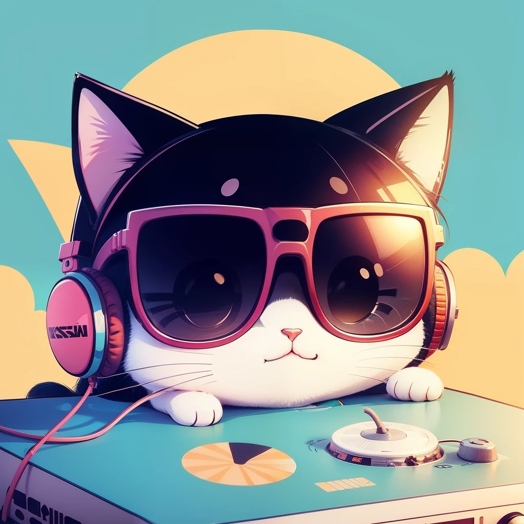Cute stickers　Cat DJ in sunglasses and headphones　Tropical juices　Tropical Beach　Retro Classic　simple line art　３〜５Stickers for  aged